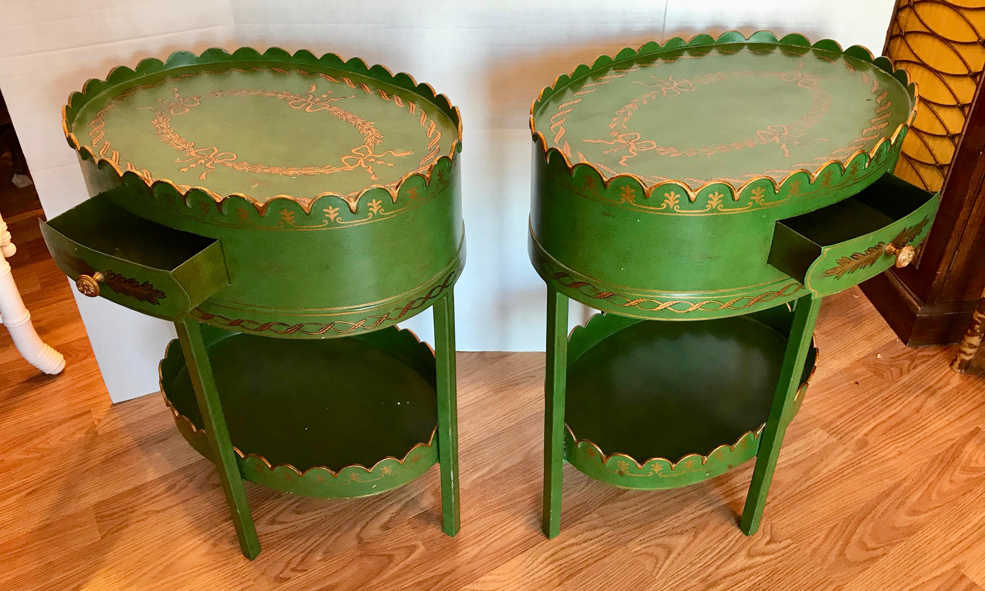 Metal Pair of Maitland Smith Hand Painted Tole Tables