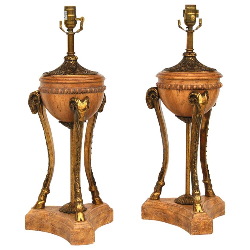 Pair of Maitland-Smith Neoclassical Ram Head Table Lamps  