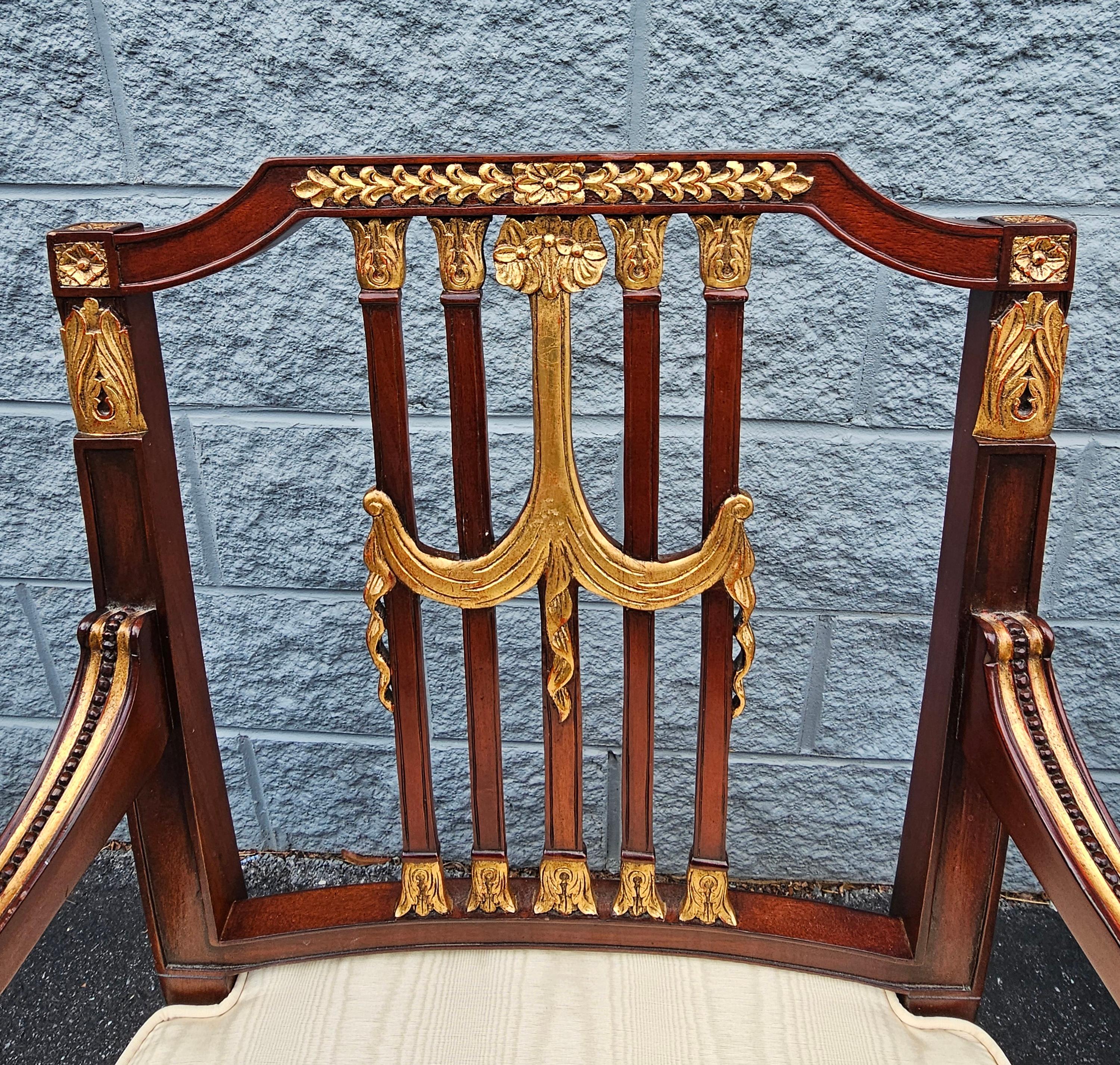 Pair Maitland Smith Parcel Gilt Mahogany & Swag Shield Back Cane Seat Armchairs For Sale 3