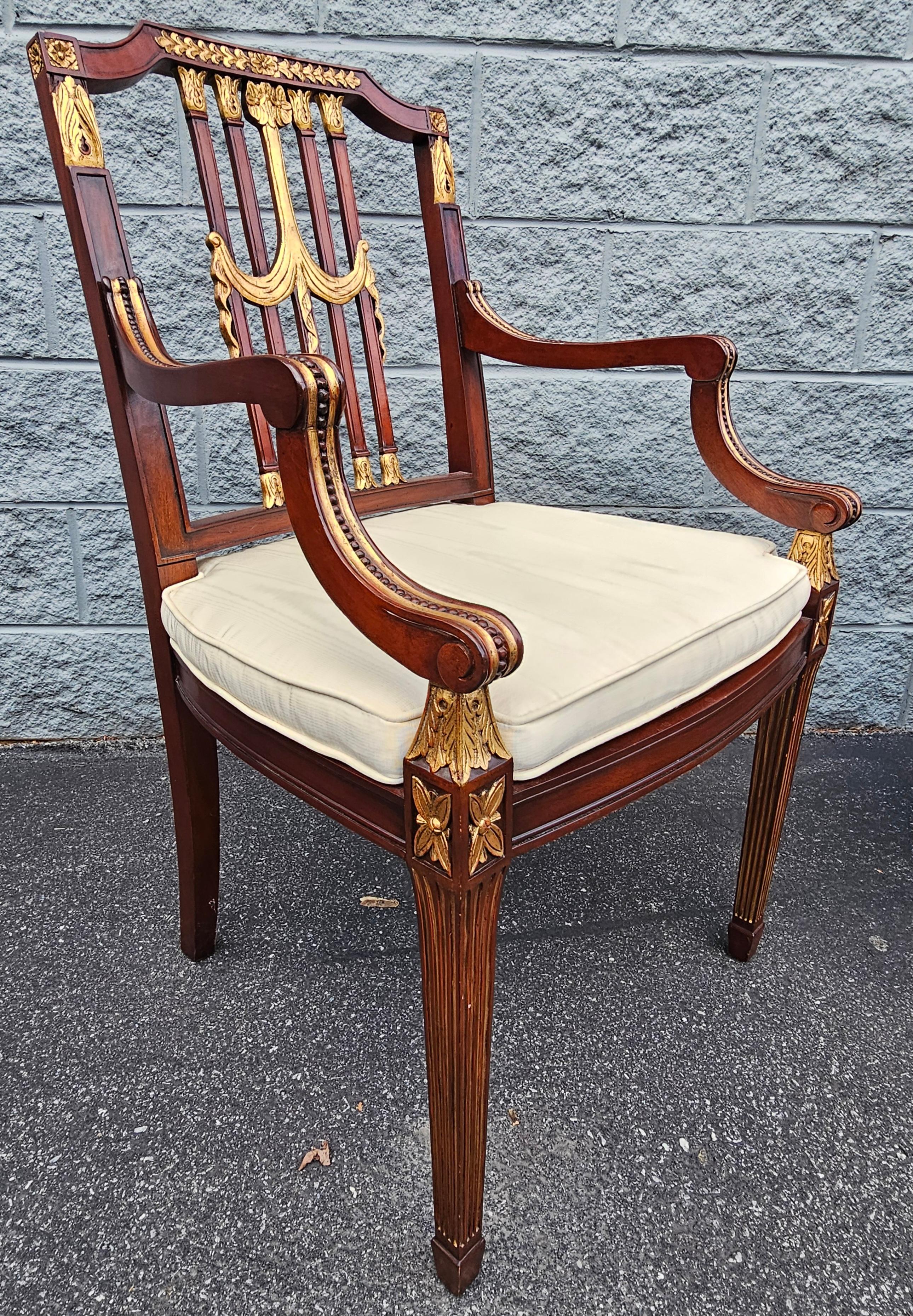 Pair Maitland Smith Parcel Gilt Mahogany & Swag Shield Back Cane Seat Armchairs For Sale 4