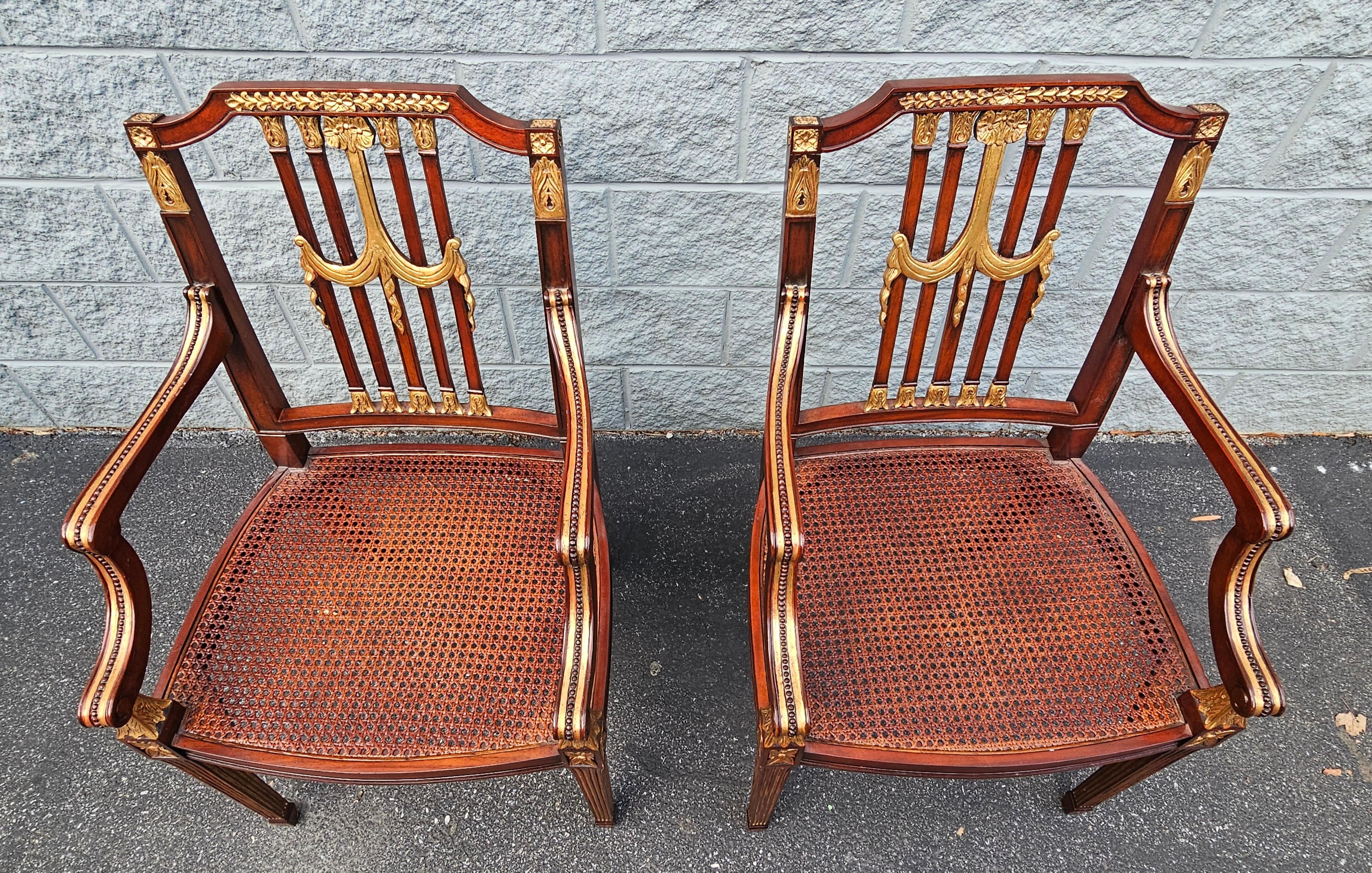 Pair Maitland Smith Parcel Gilt Mahogany & Swag Shield Back Cane Seat Armchairs For Sale 7