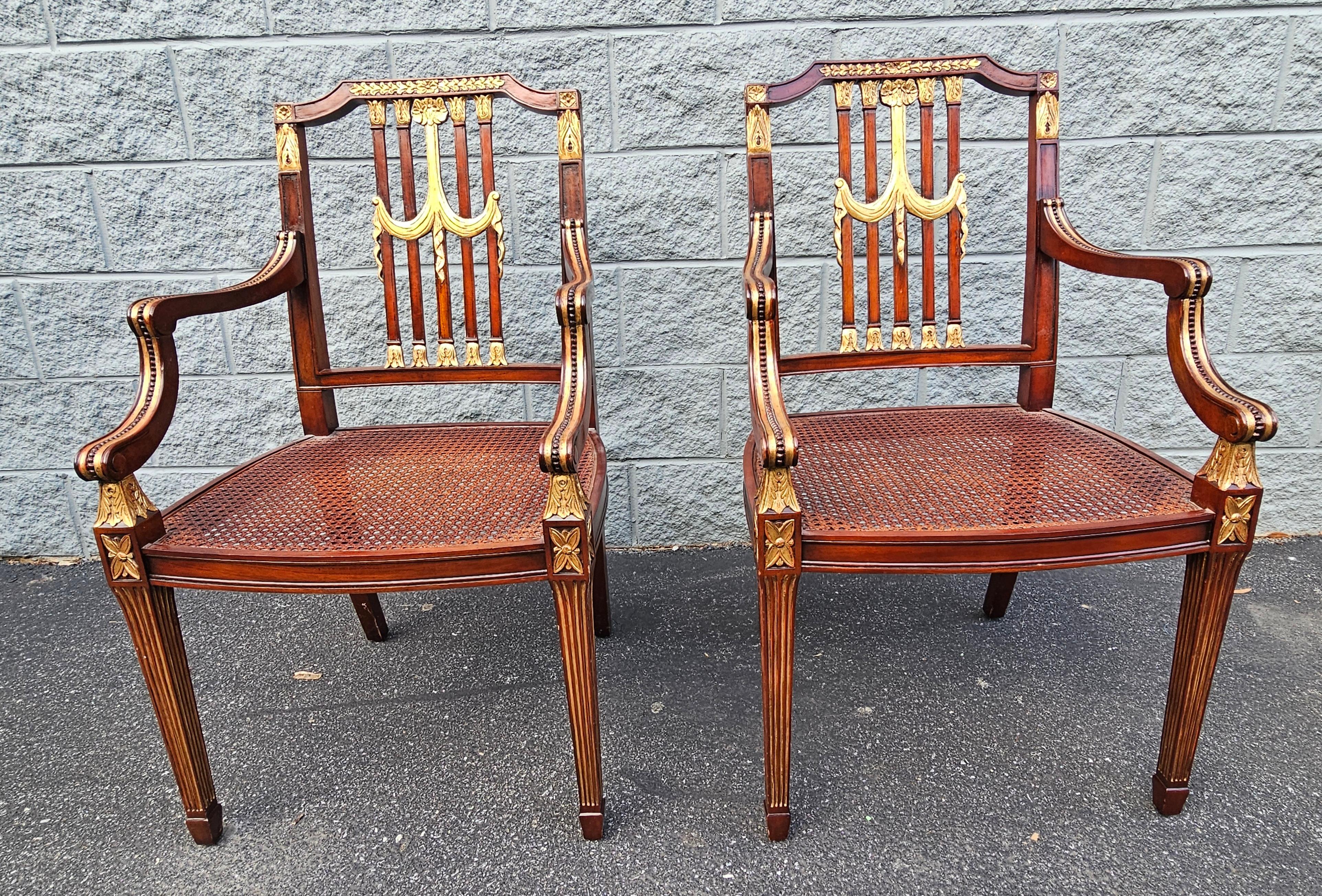 Pair Maitland Smith Parcel Gilt Mahogany & Swag Shield Back Cane Seat Armchairs For Sale 8