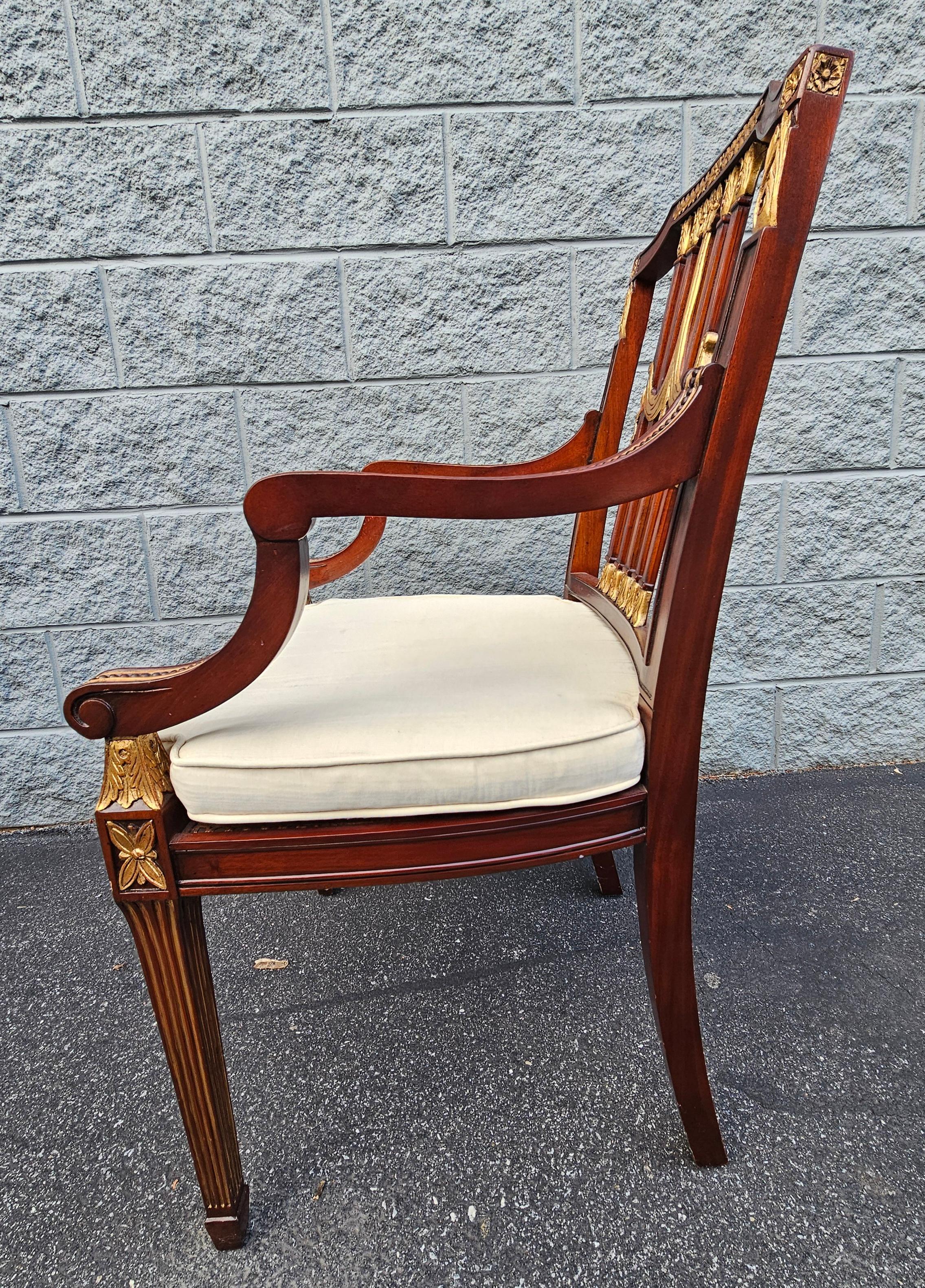 Indonesian Pair Maitland Smith Parcel Gilt Mahogany & Swag Shield Back Cane Seat Armchairs For Sale