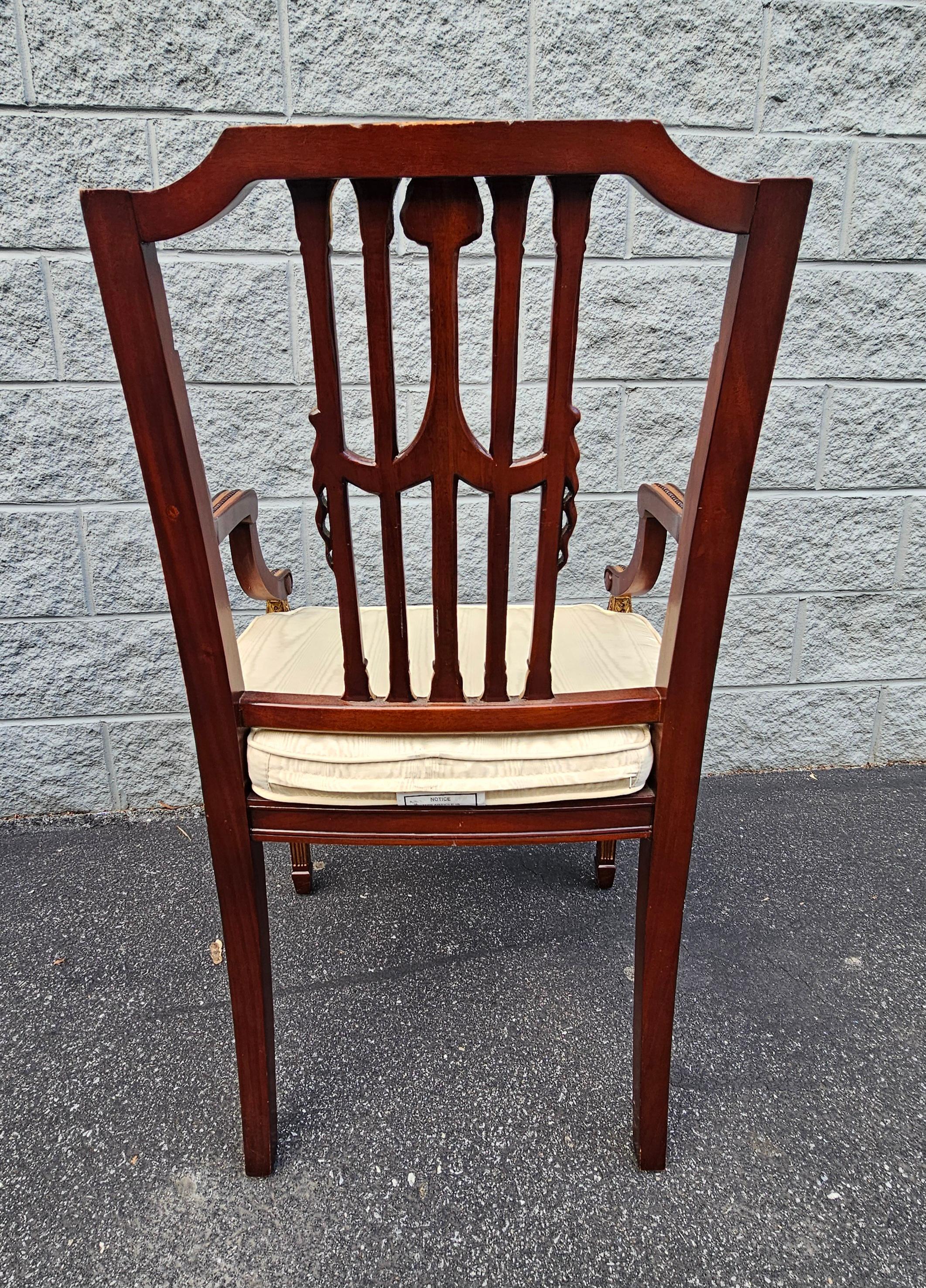 Caning Pair Maitland Smith Parcel Gilt Mahogany & Swag Shield Back Cane Seat Armchairs For Sale
