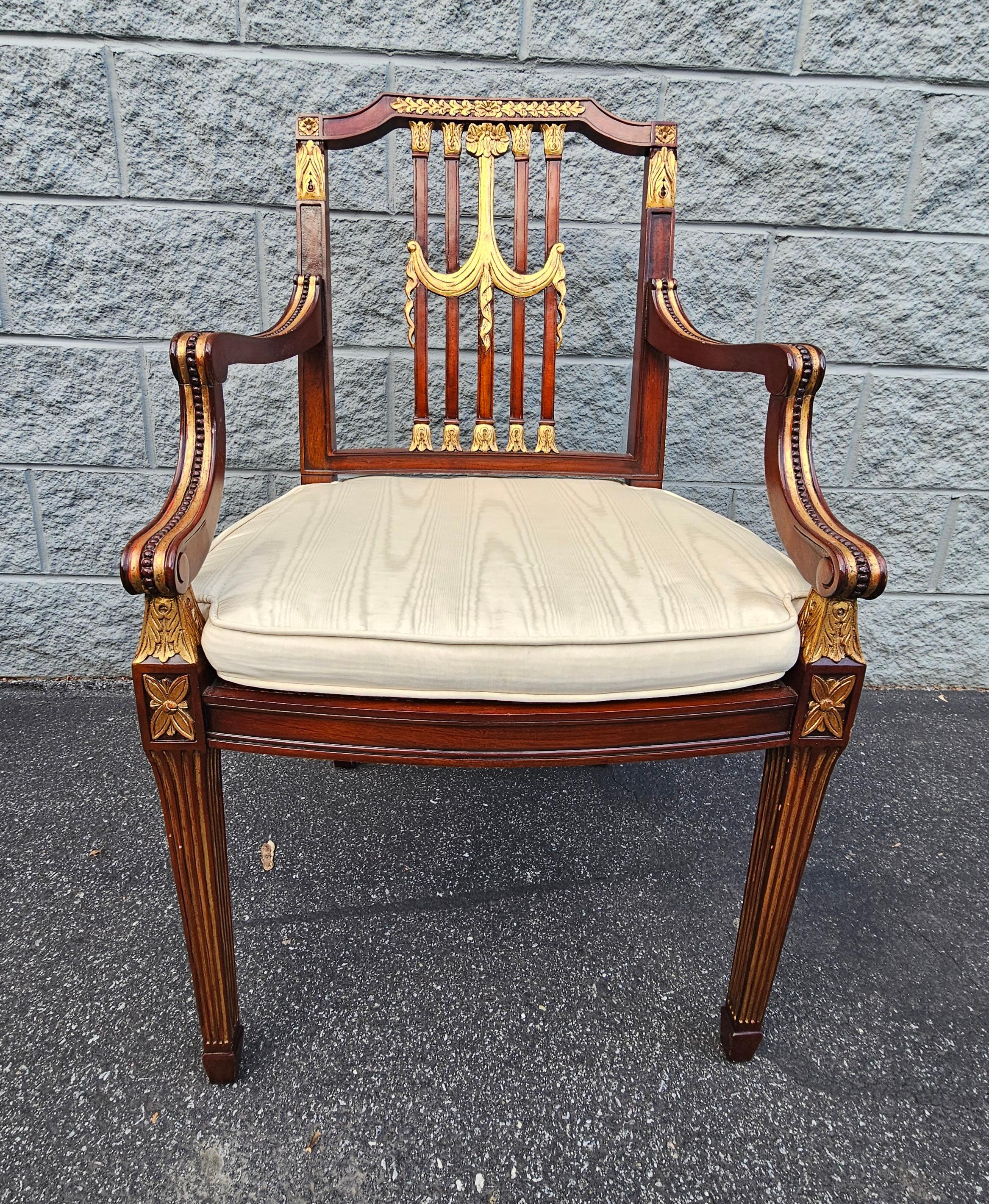 Upholstery Pair Maitland Smith Parcel Gilt Mahogany & Swag Shield Back Cane Seat Armchairs For Sale