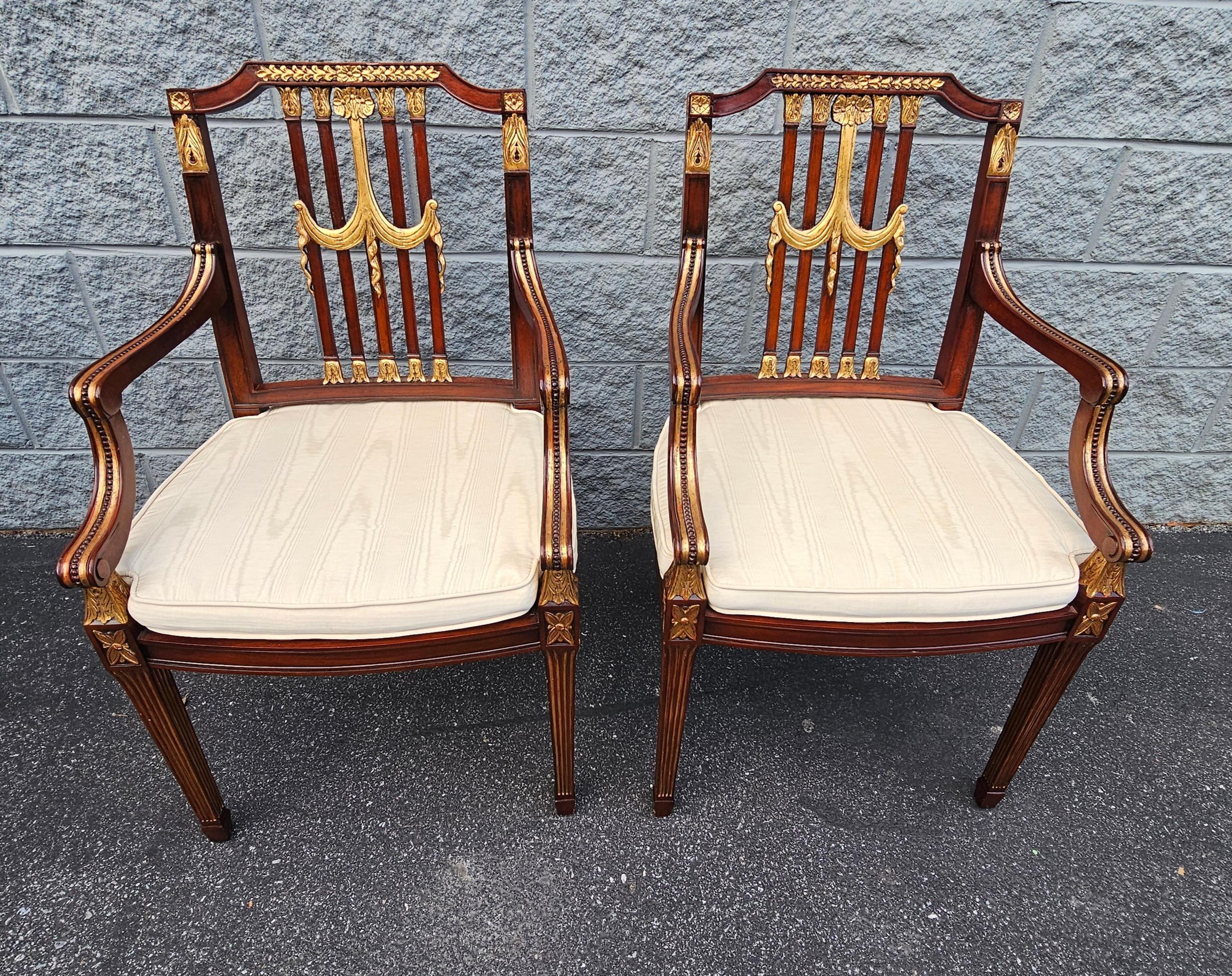 Pair Maitland Smith Parcel Gilt Mahogany & Swag Shield Back Cane Seat Armchairs For Sale 2