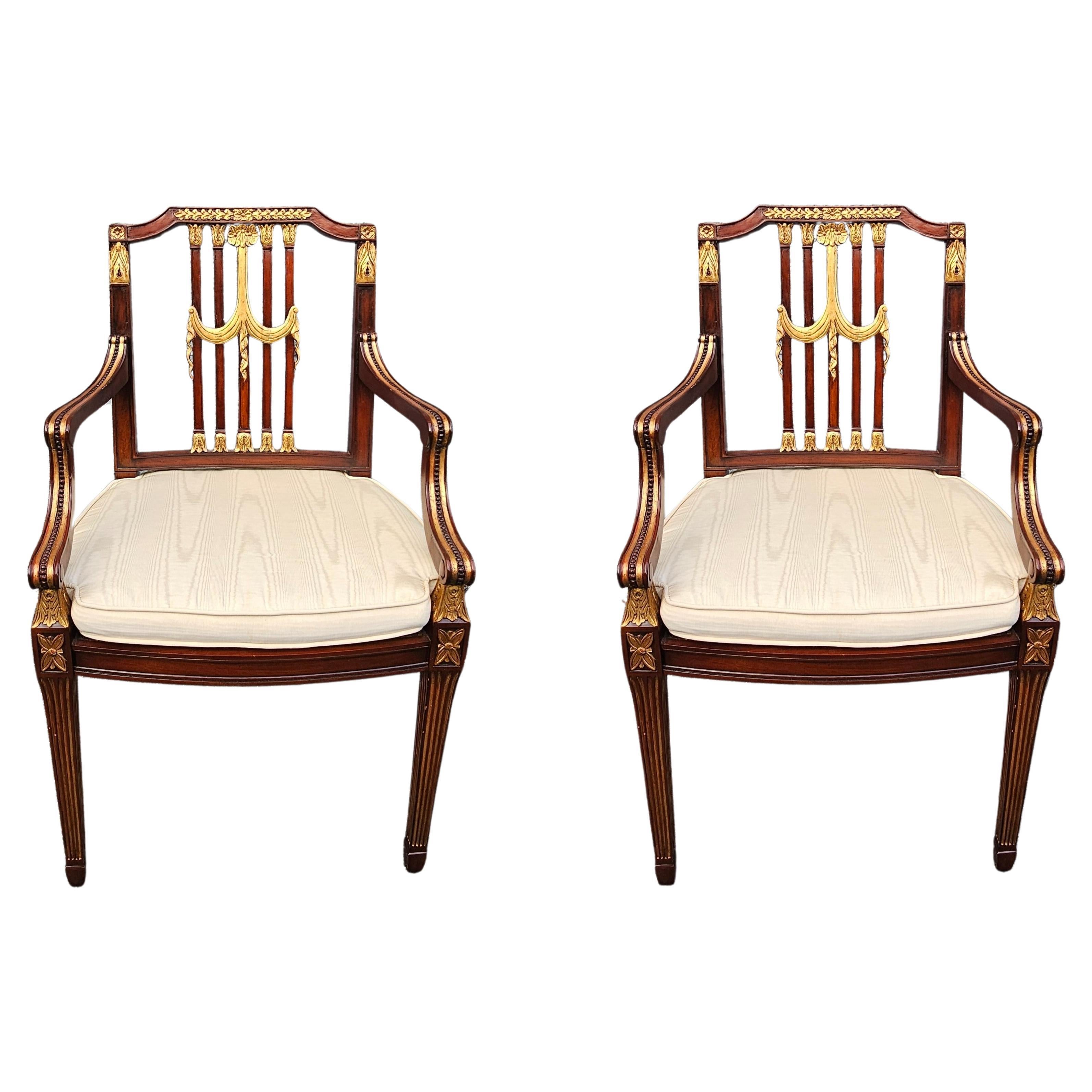 Pair Maitland Smith Parcel Gilt Mahogany & Swag Shield Back Cane Seat Armchairs For Sale