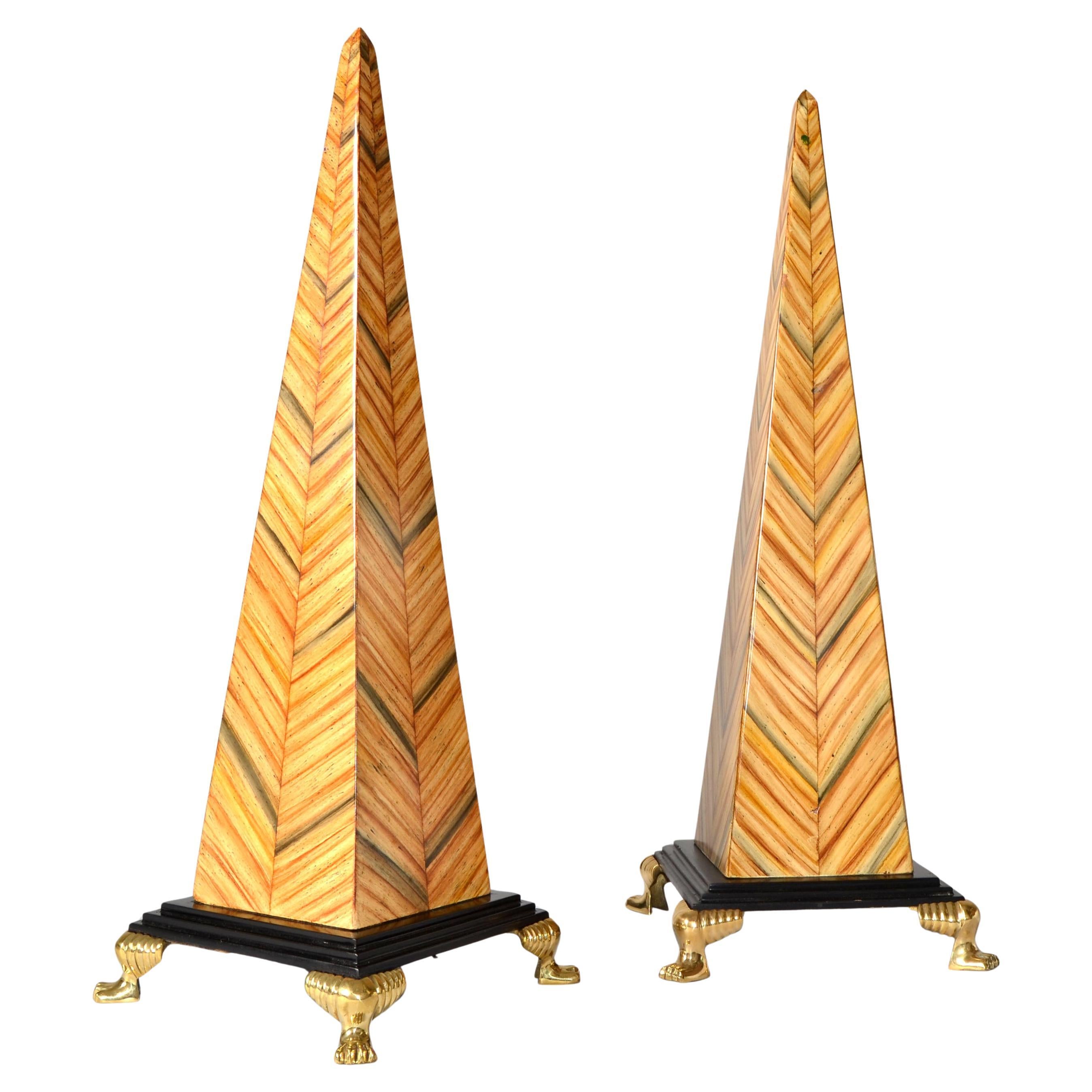 Pair Maitland Smith Pyramid Grand Tour Tessellated Wood Brass Claw Feet Obelisk