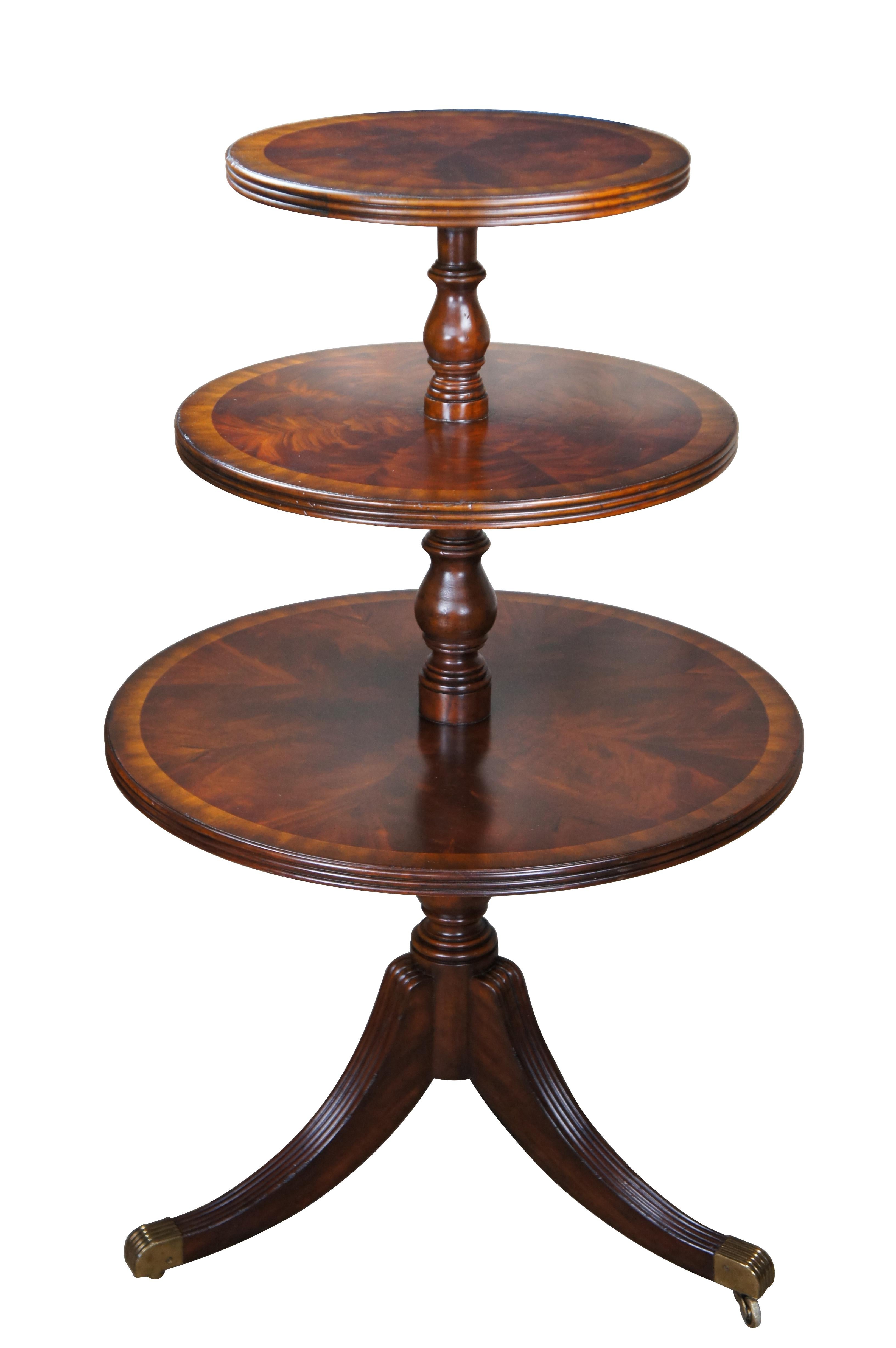 Vintage pair of two Maitland Smith dumbwaiter butler display tables / stands.  Made of flamed mahogany featuring English / Georgian / Duncan Phyfe styling with three tiers, pedestal base and brass capped feet with castors.

Dimensions:
31