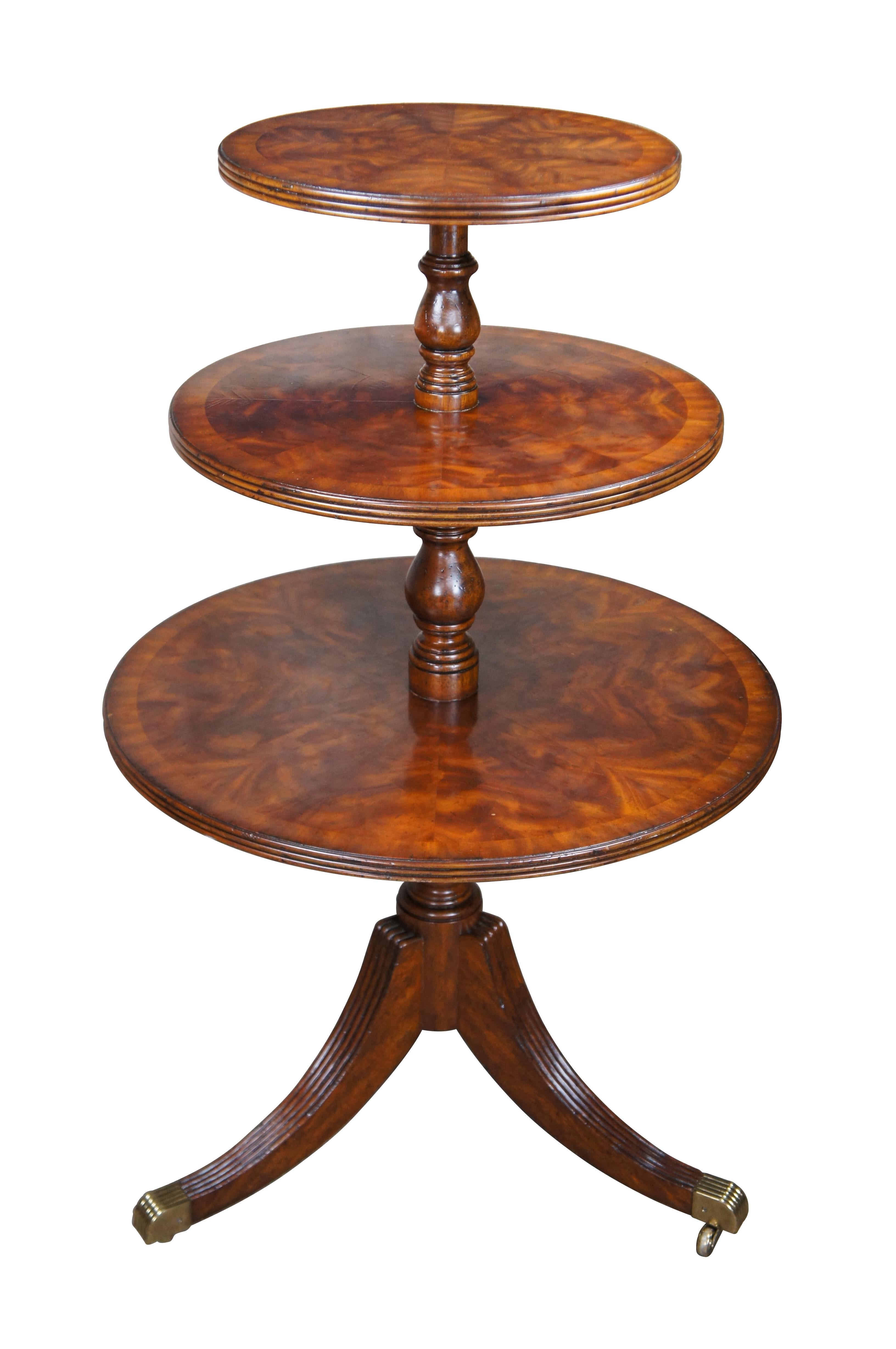 Pair Maitland Smith Regency Flame Mahogany Large Tiered Dumbwaiter Side Tables In Fair Condition For Sale In Dayton, OH
