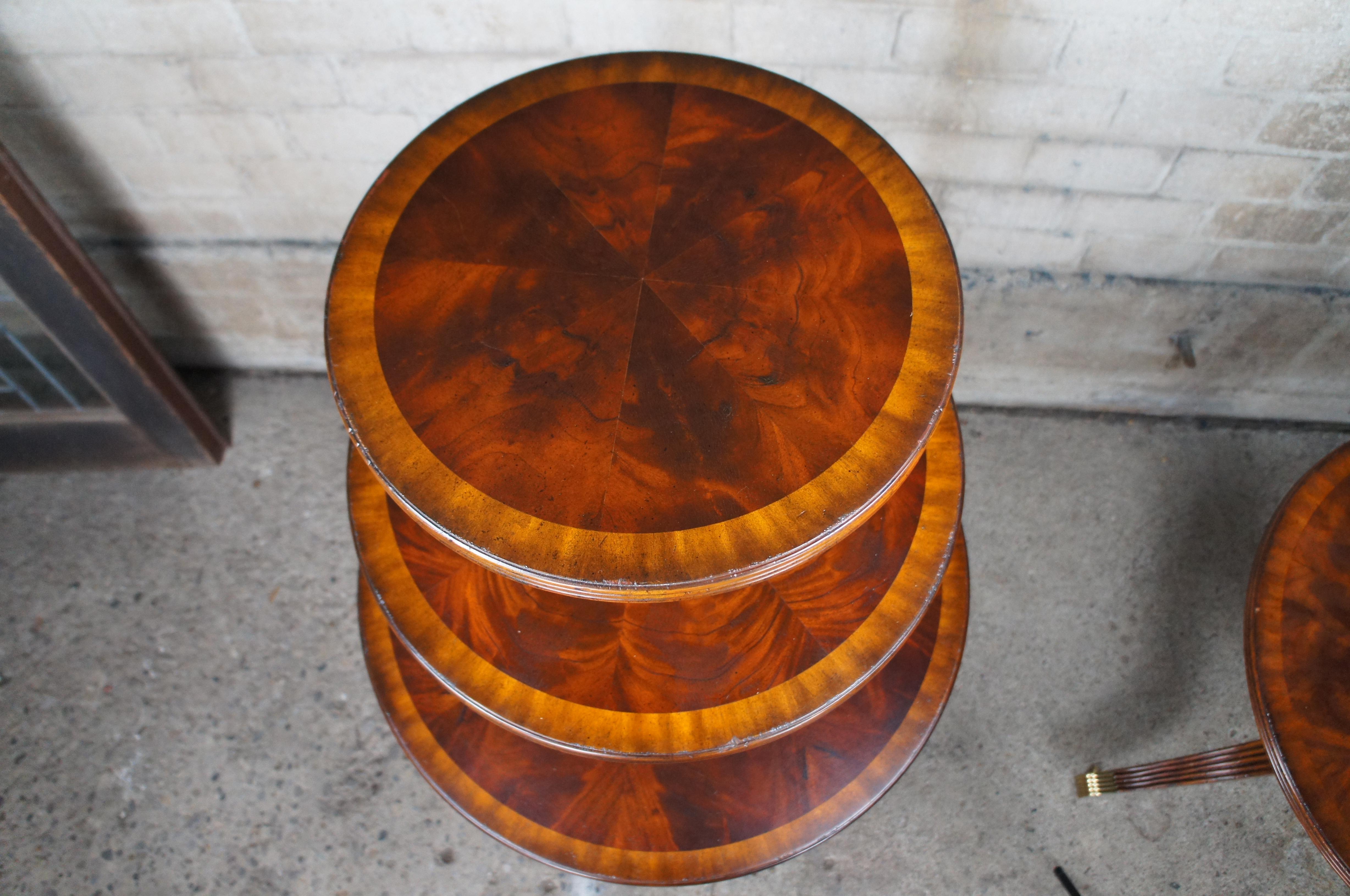 Pair Maitland Smith Regency Flame Mahogany Large Tiered Dumbwaiter Side Tables For Sale 1