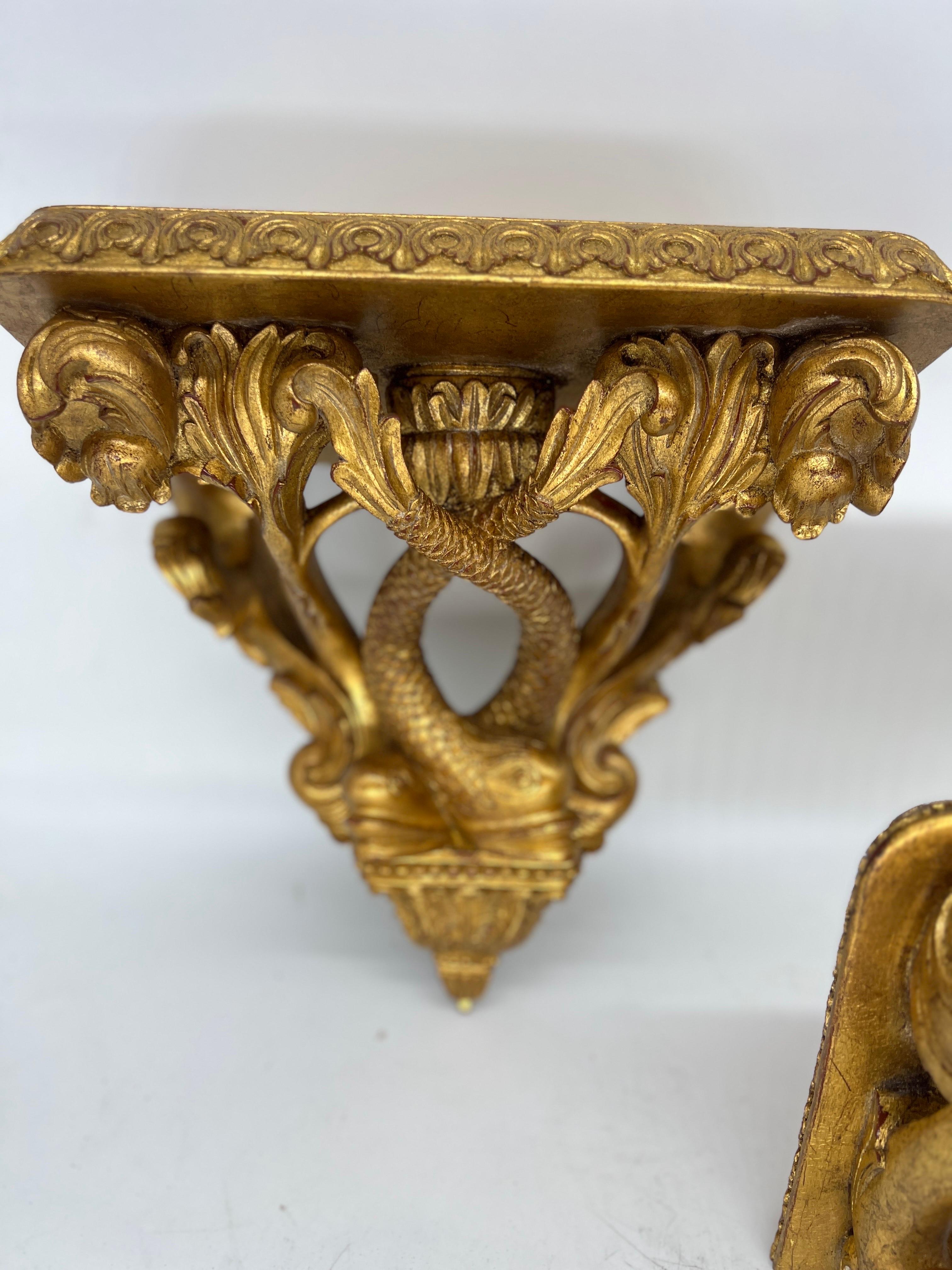 Pair, Maitland Smith Regency Style Gilt Decorated Dolphin Form Wall Brackets In Good Condition For Sale In Atlanta, GA