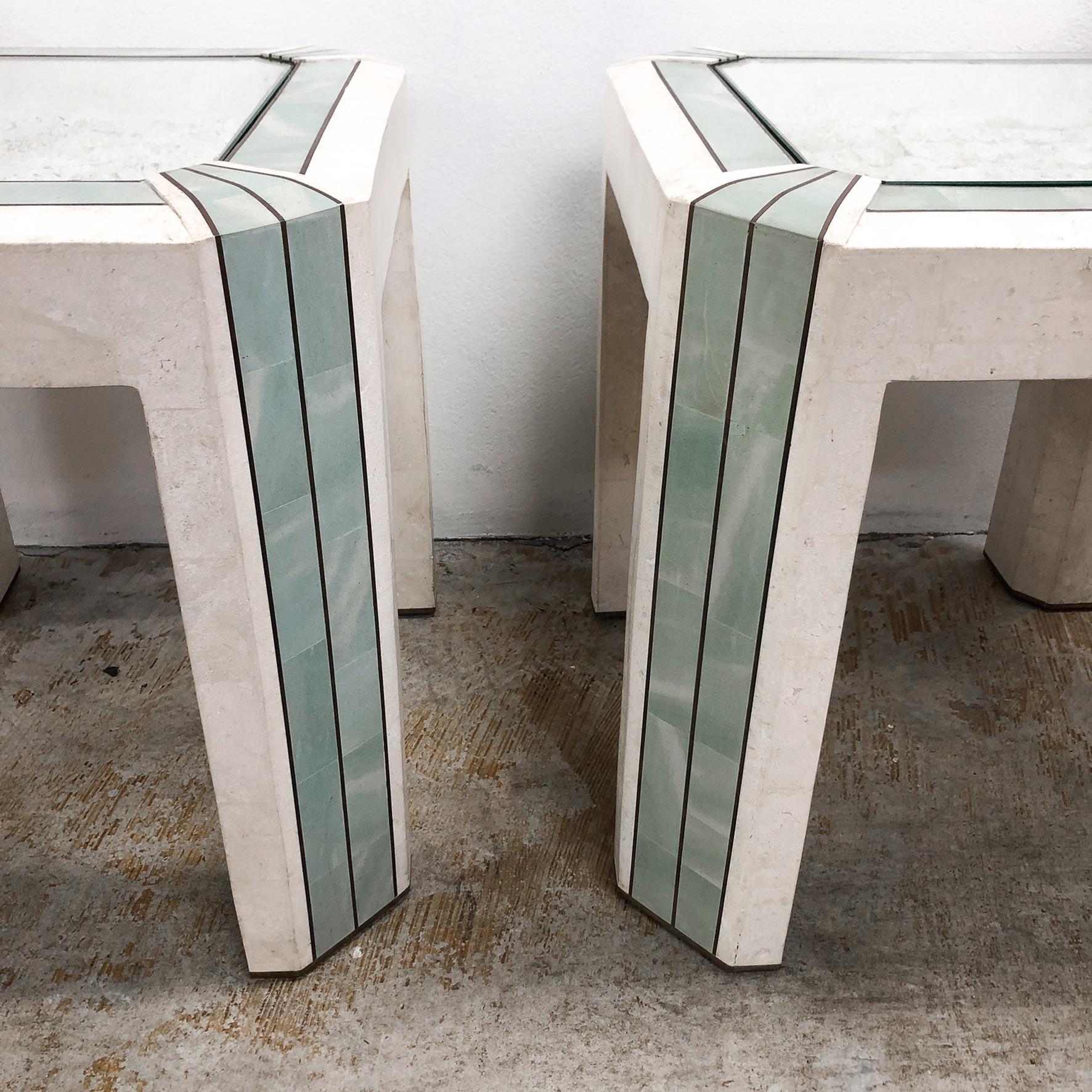 Inlay Pair Maitland Smith Tessellated Fossil Stone Clad Brass Side Tables For Sale