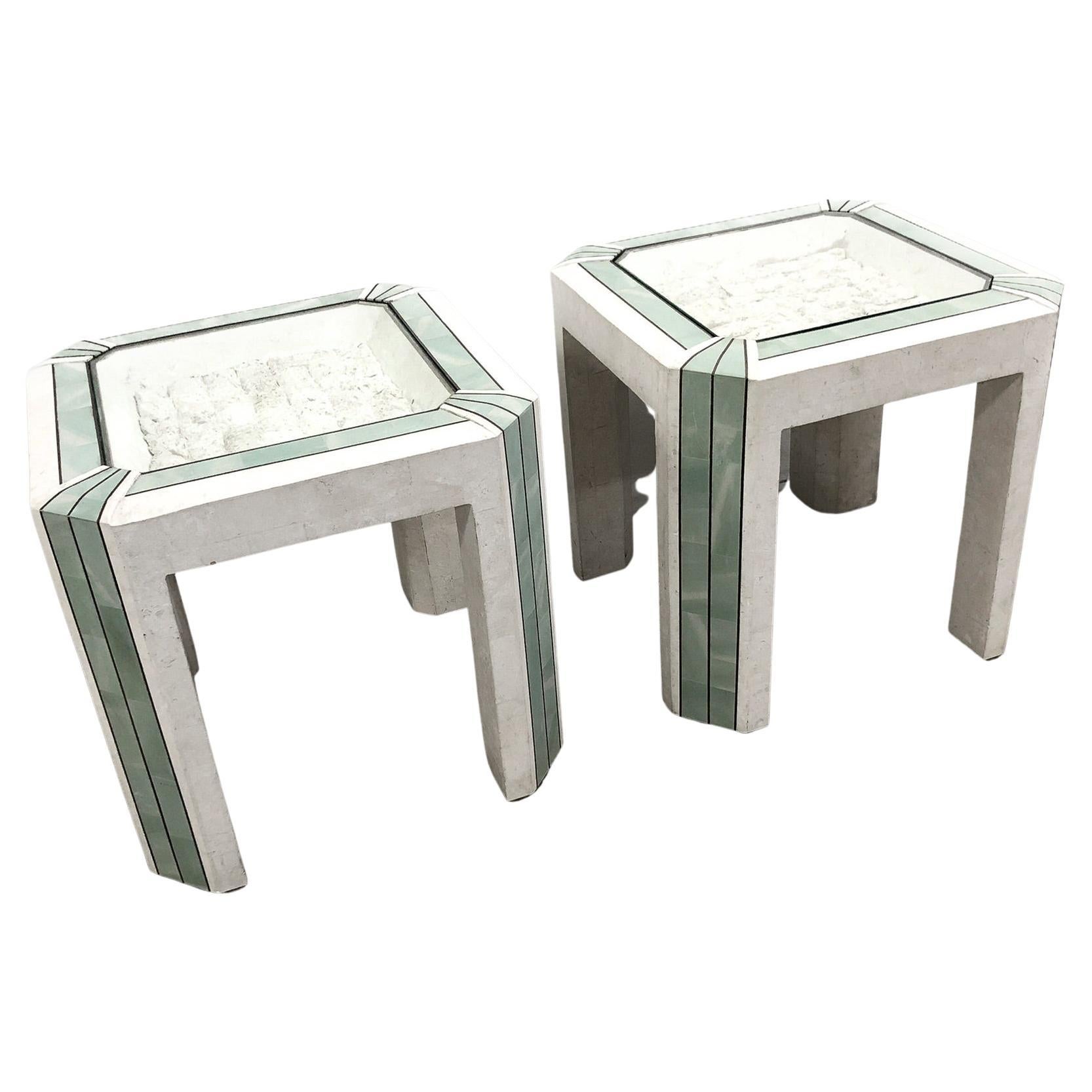 Pair Maitland Smith Tessellated Fossil Stone Clad Brass Side Tables For Sale
