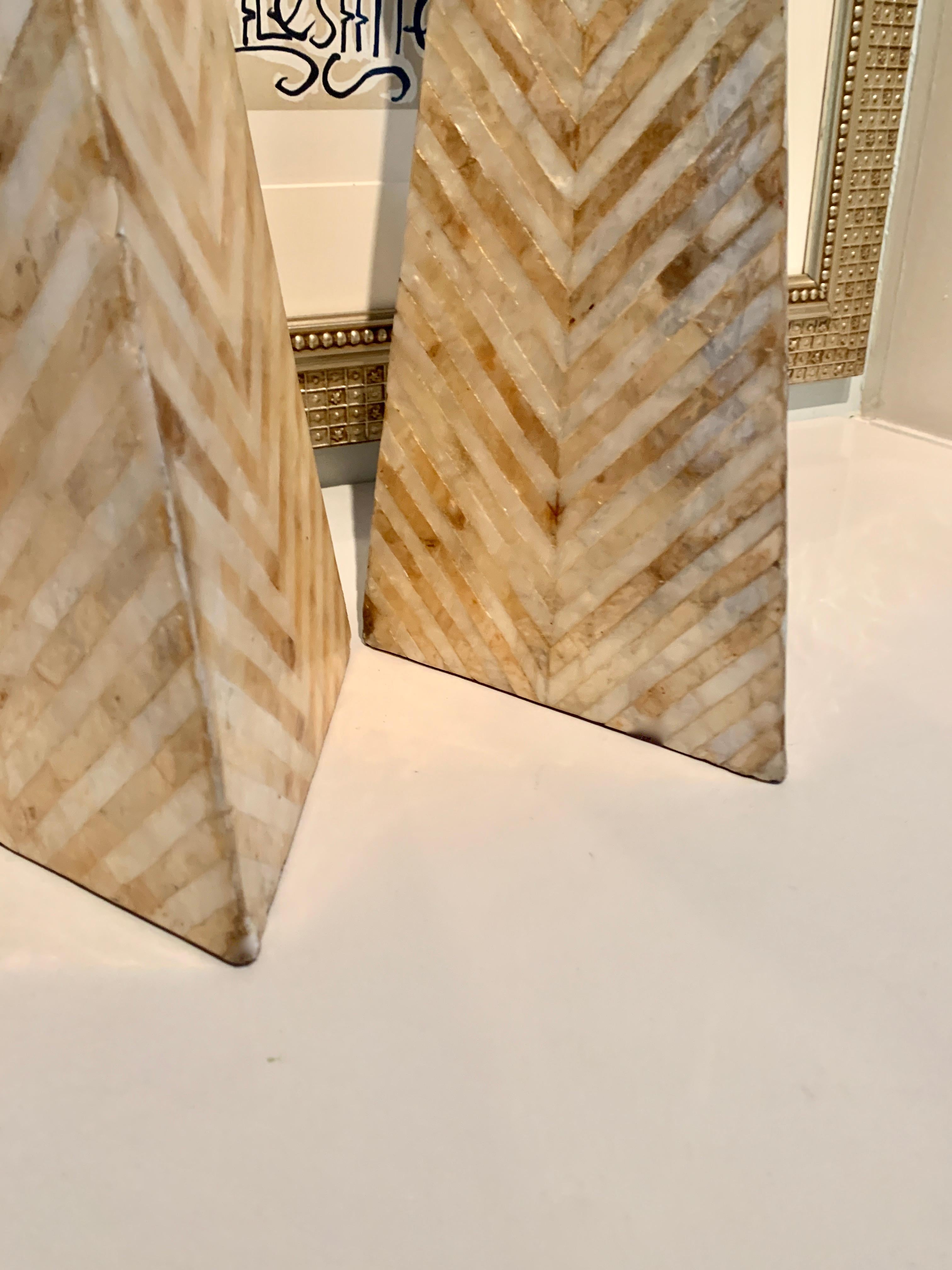 Pair of Maitland Smith Tessellated mother of pearl obelisks with brass tip - a lovely pair of obelisks well suited for the mantle or shelf.