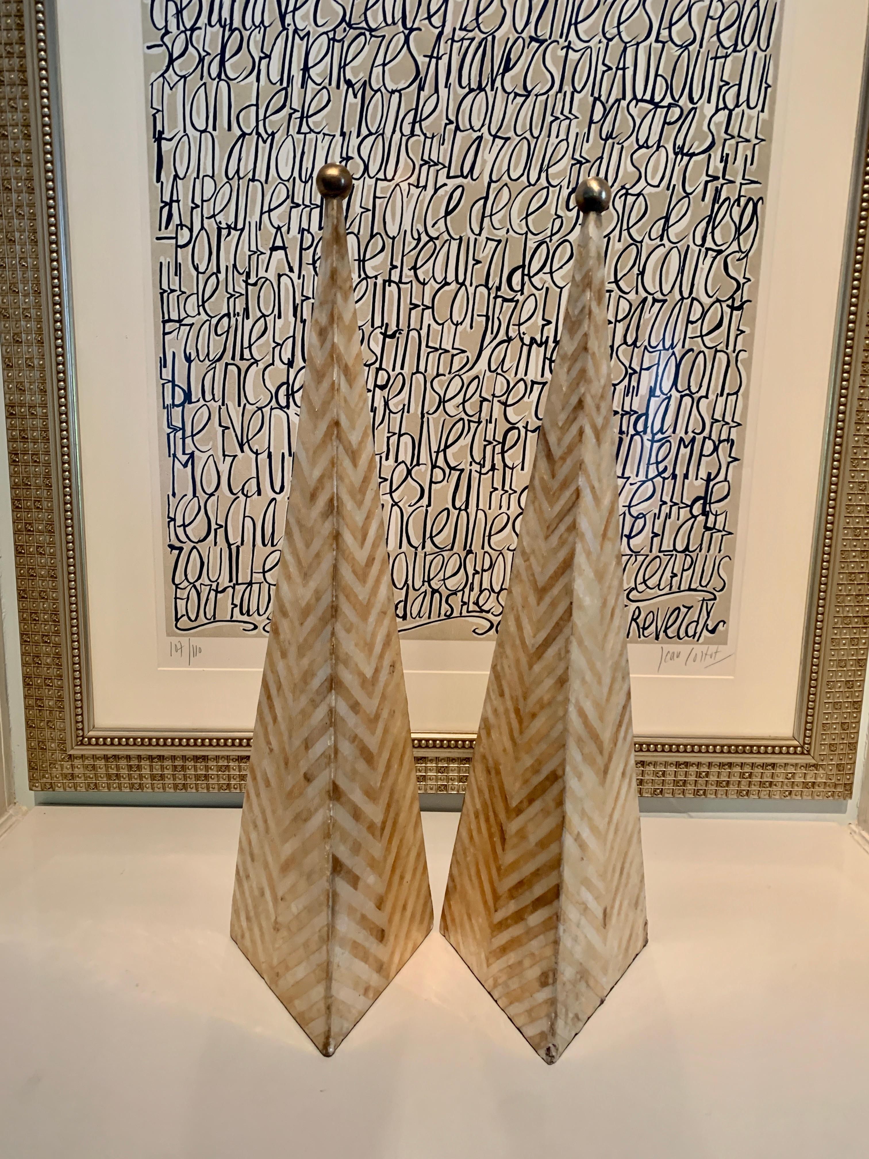 Philippine Pair of Maitland Smith Tessellated Mother of Pearl Obelisks with Brass Tip