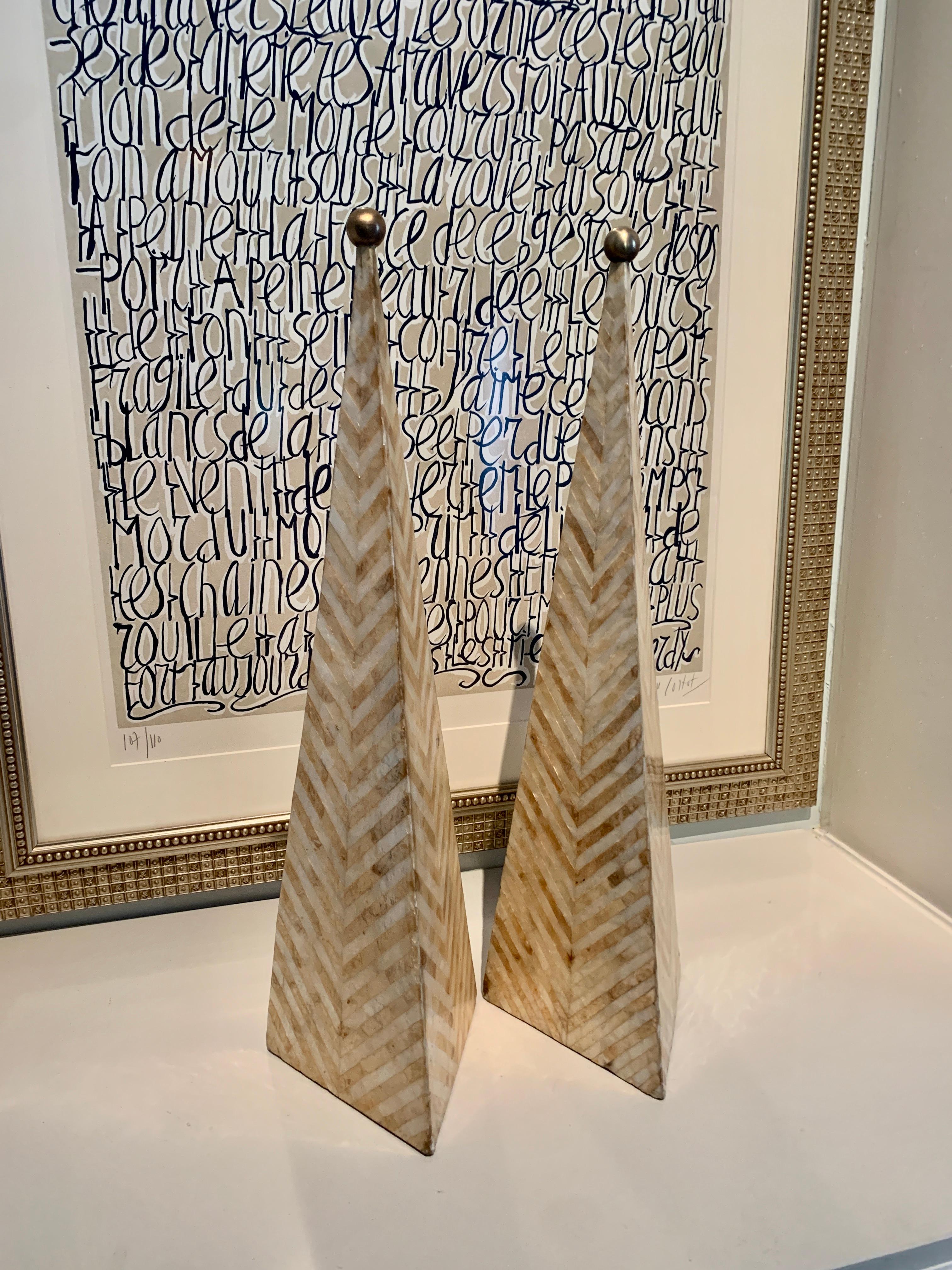 Inlay Pair of Maitland Smith Tessellated Mother of Pearl Obelisks with Brass Tip