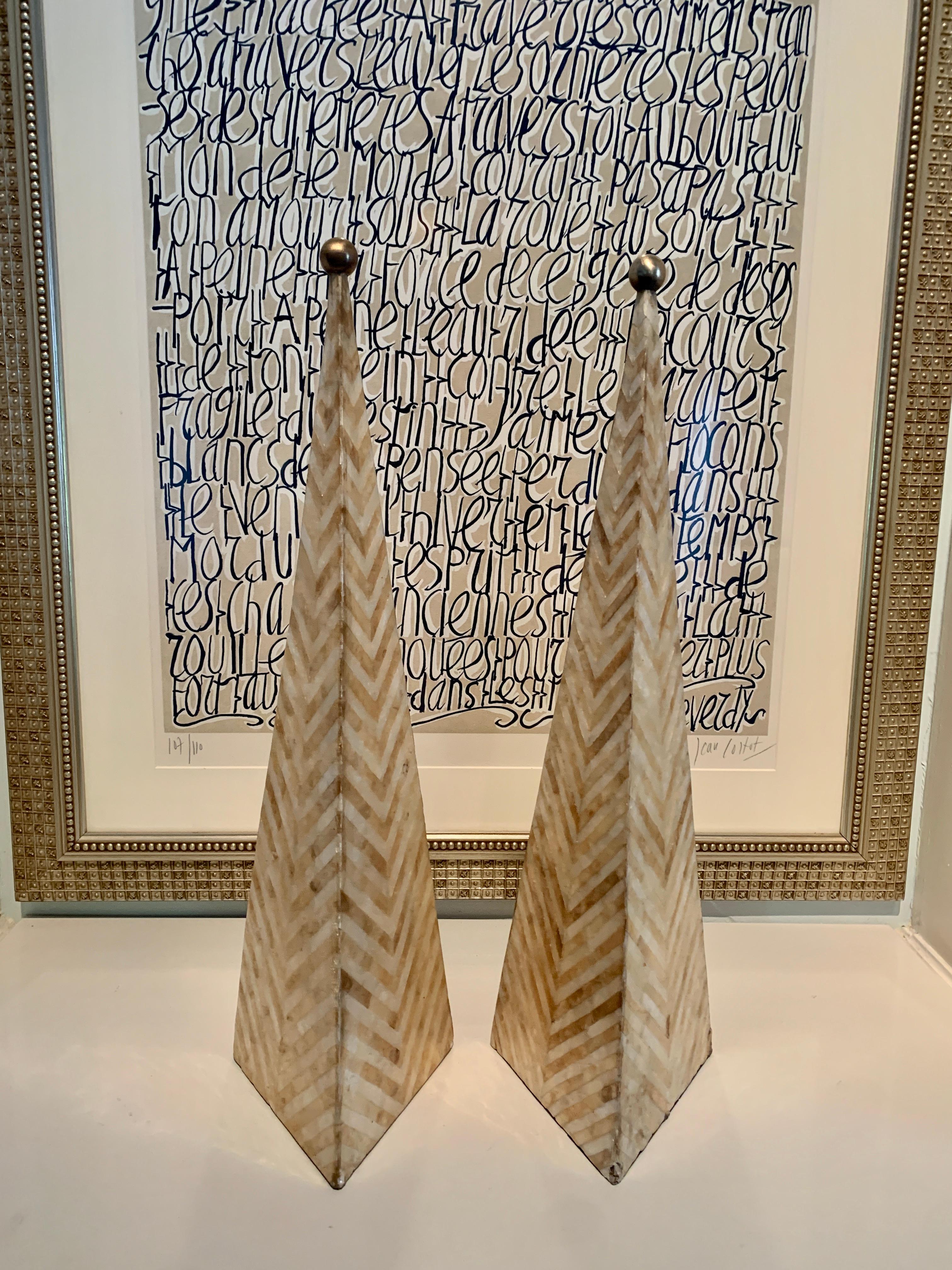 20th Century Pair of Maitland Smith Tessellated Mother of Pearl Obelisks with Brass Tip