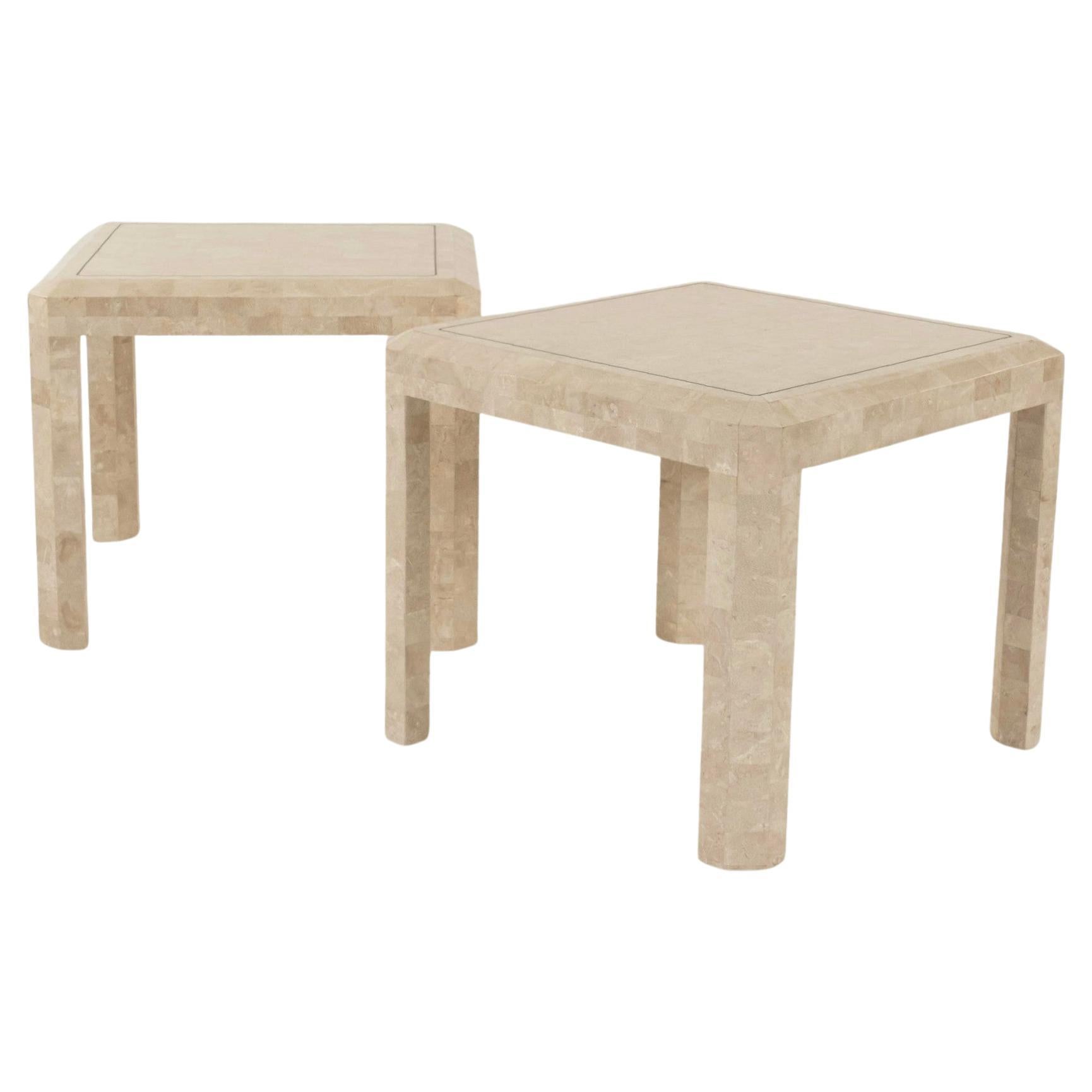 Pair Maitland Smith Tessellated Stone Brass End Tables