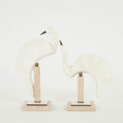 Pair Maitland Smith Tessellated Stone Egret Heron Bird Sculptures