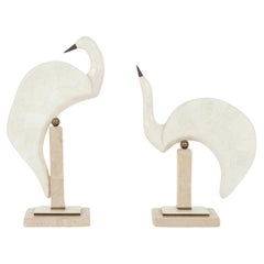 Pair Maitland Smith Tessellated Stone Egret Heron Bird Sculptures