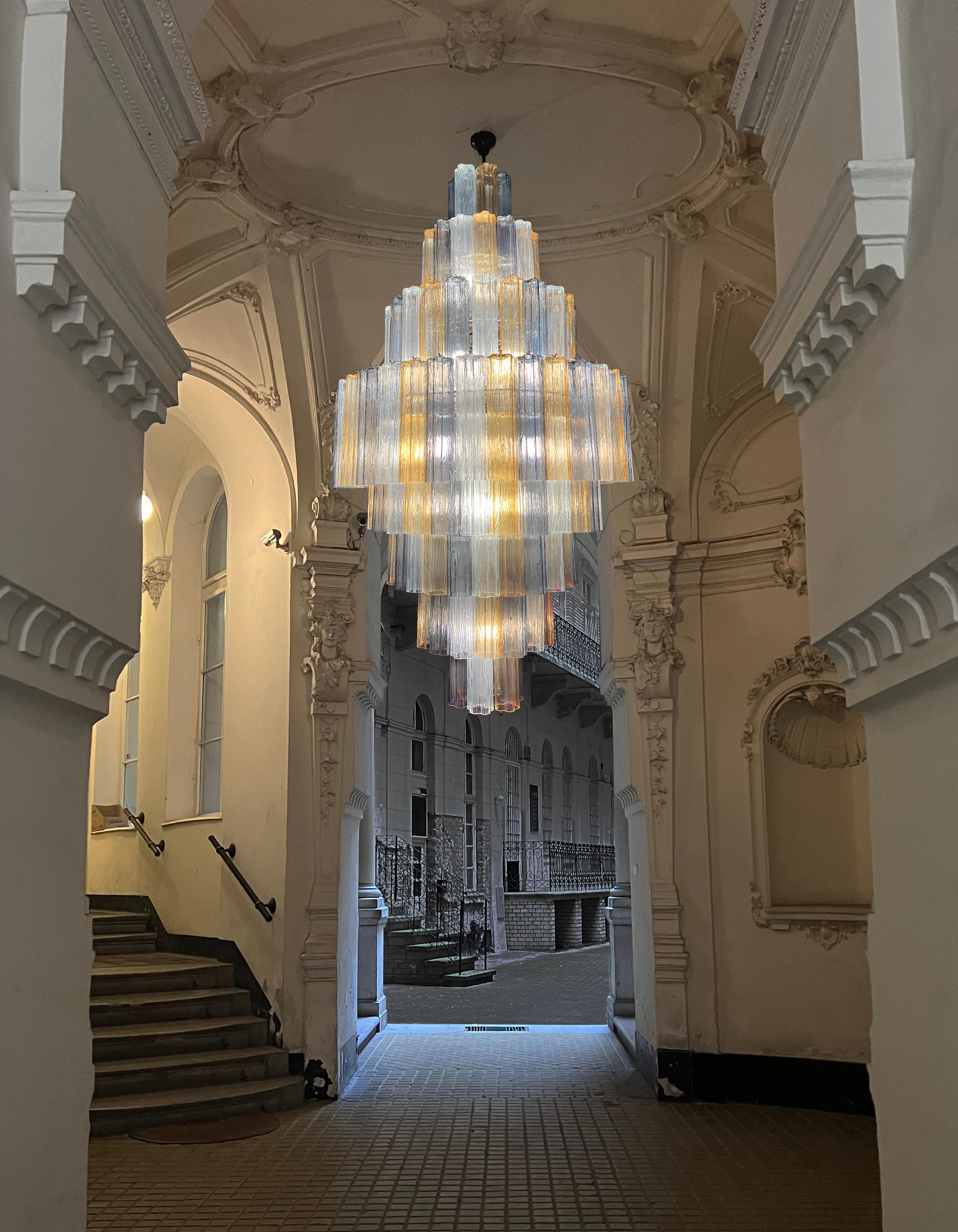Pair stunning chandeliers designed by Valentina Planta. Each piece consists of about 140 elements made of pure Murano glass. They can illuminate a large hall of the ideal height of at least 4.30 meters or the lobby of a Villa. Extraordinary also to