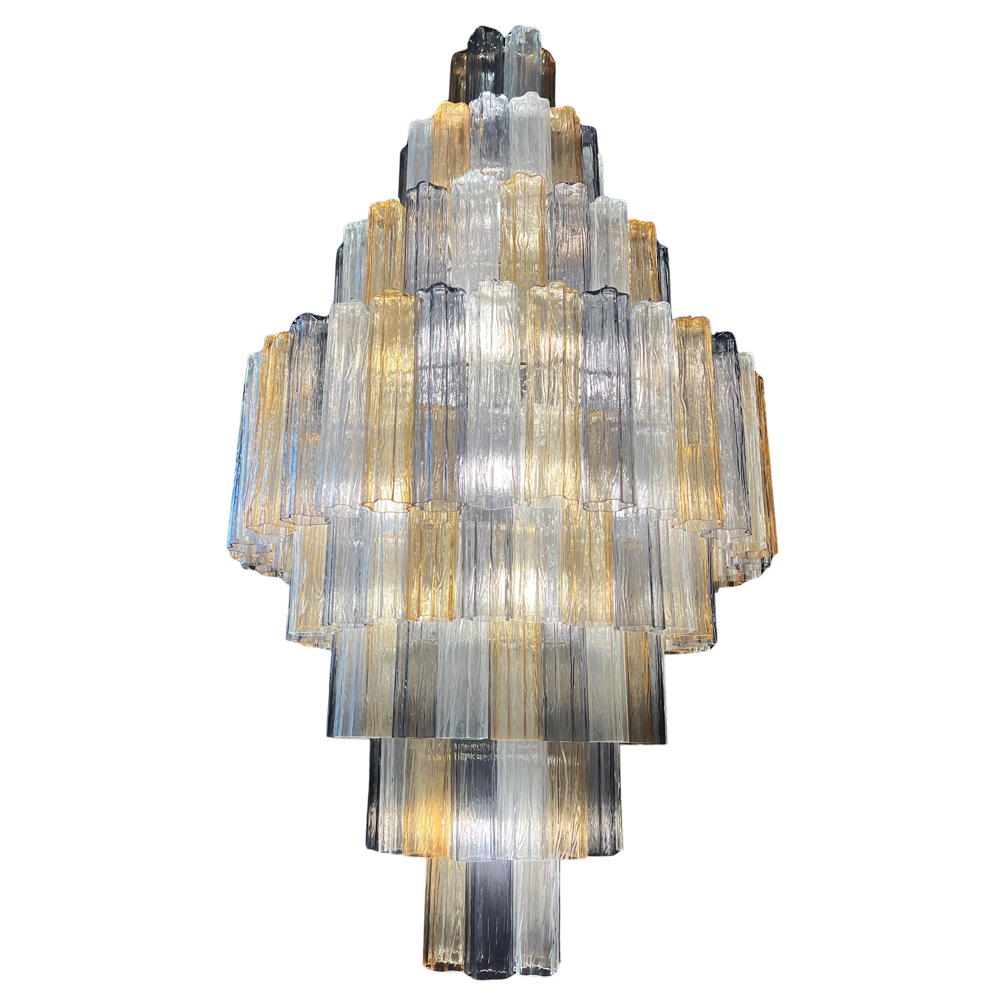 Italian Pair Majestic Gold Fumé and Clear Murano Chandeliers by Valentina Planta For Sale