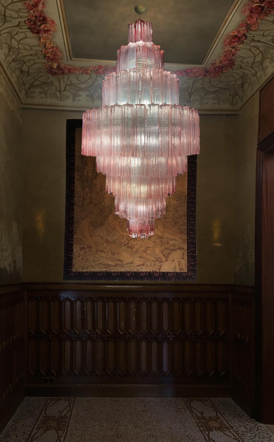 Stunning pair of chandeliers designed by Valentina Planta. Each piece consists of about 140 elements made of pure Murano glass. They can illuminate a large hall of the ideal height of at least 4.30 meters or the lobby of a Villa. Extraordinary also