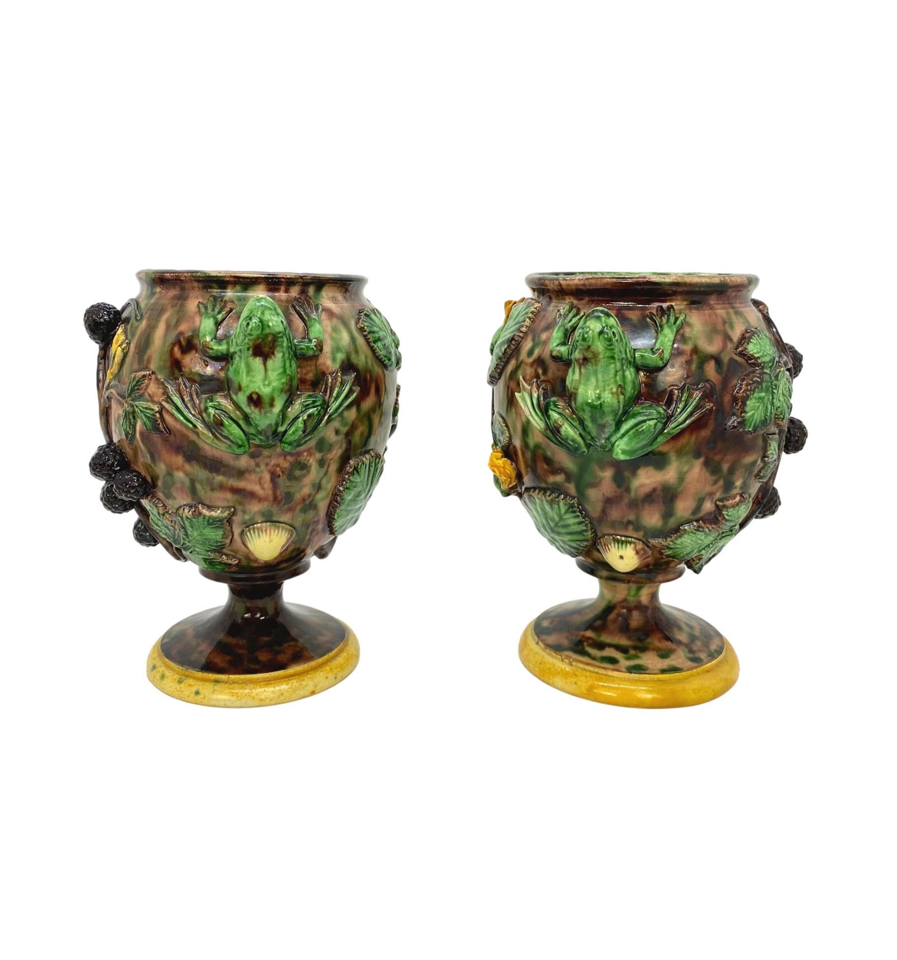 Pair of Majolica Palissy Ware vases with Frog -Form handles and blackberries by Thomas-Victor Sergent, French, circa 1885.
Thomas-Victor Sergent, (French, 1830-1890). Sergent was an important member of the School of Paris; he established his studio
