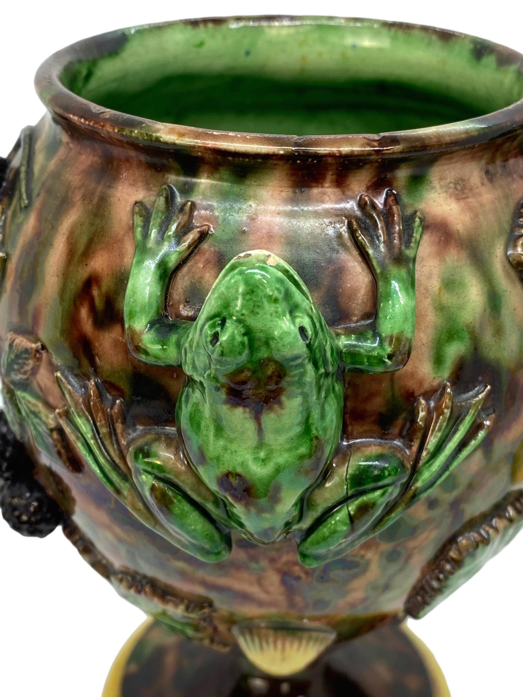 Molded Pair of Majolica Palissy Ware Vases with Frogs, Thomas Sergent French circa 1885