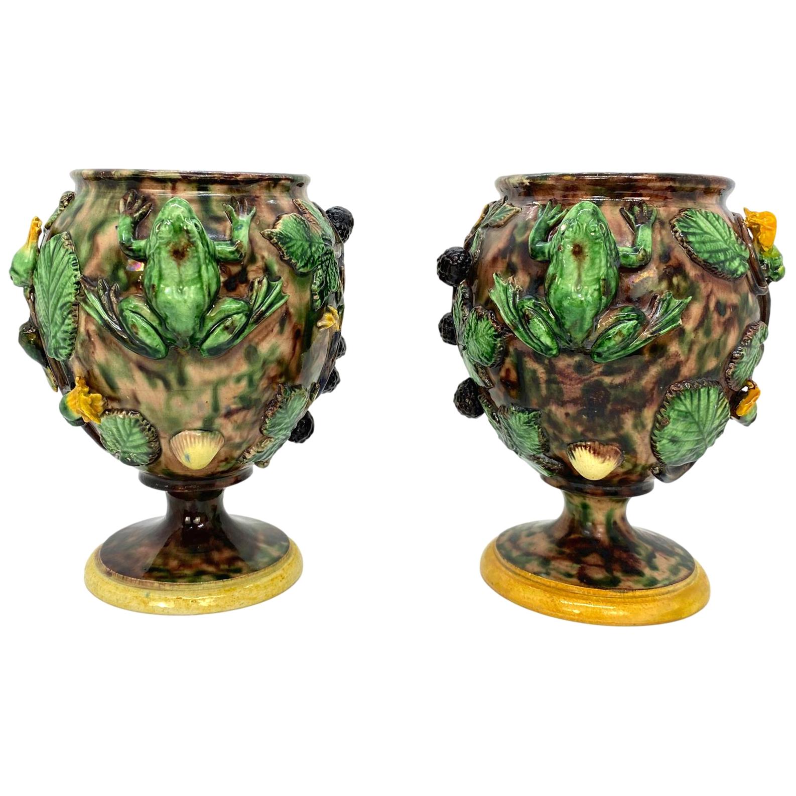 Pair of Majolica Palissy Ware Vases with Frogs, Thomas Sergent French circa 1885