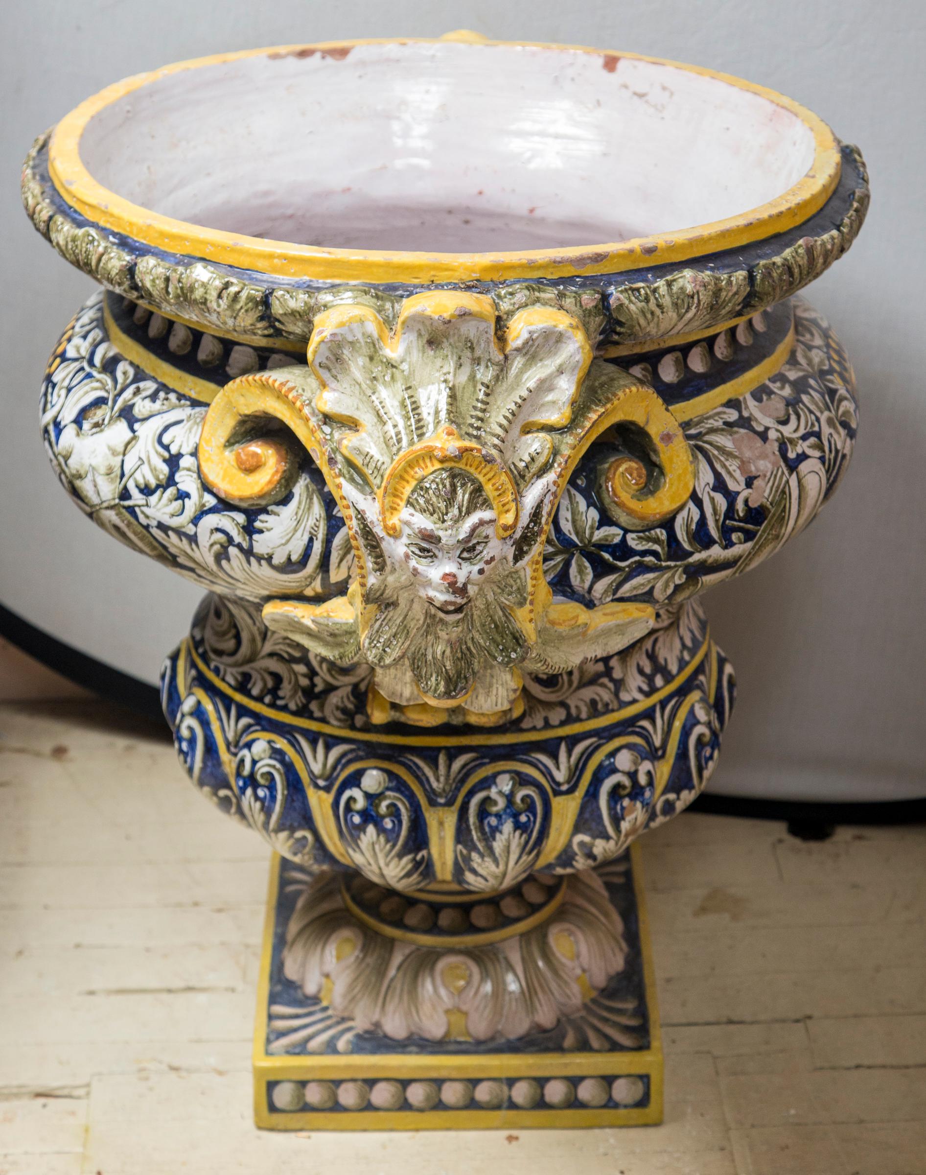 Italian Pair of Majolica Planters For Sale