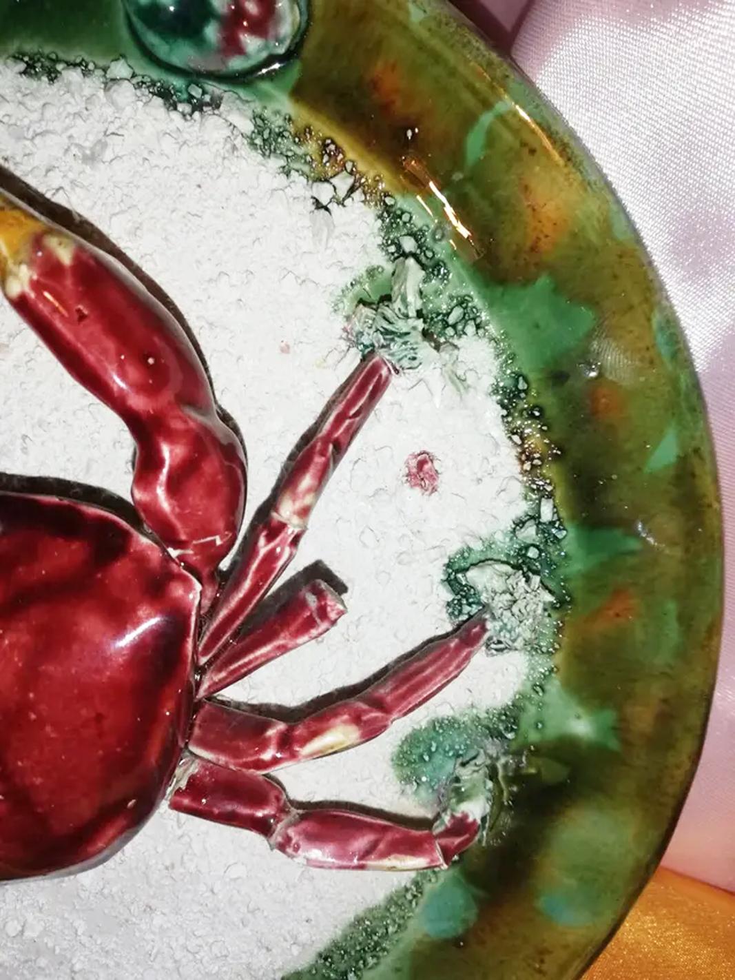 Paire de homard et de crabe Palissy en majolique  Plateaux, vers 1940 en vente 4