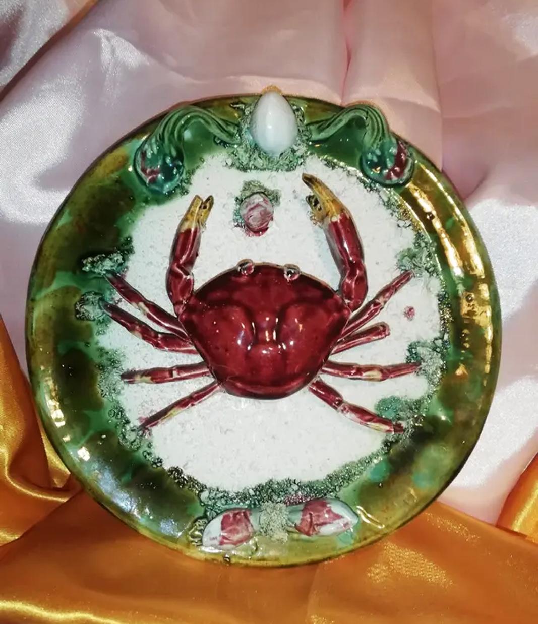 Pottery Pair of Majolica Palissy Lobster and Crab  Platters, circa 1940 For Sale