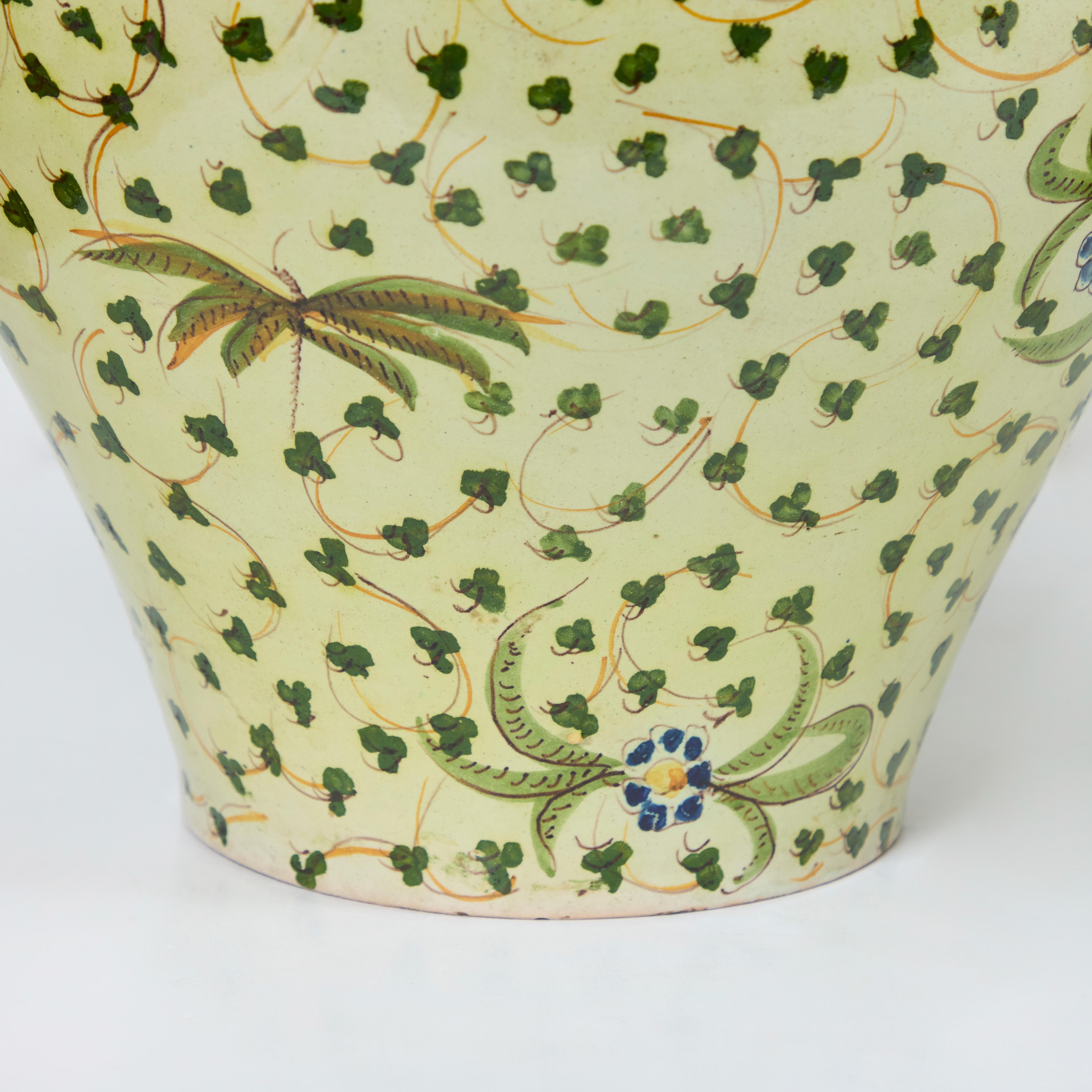 Hand-Painted Pair Majolica Pottery Covered Jars
