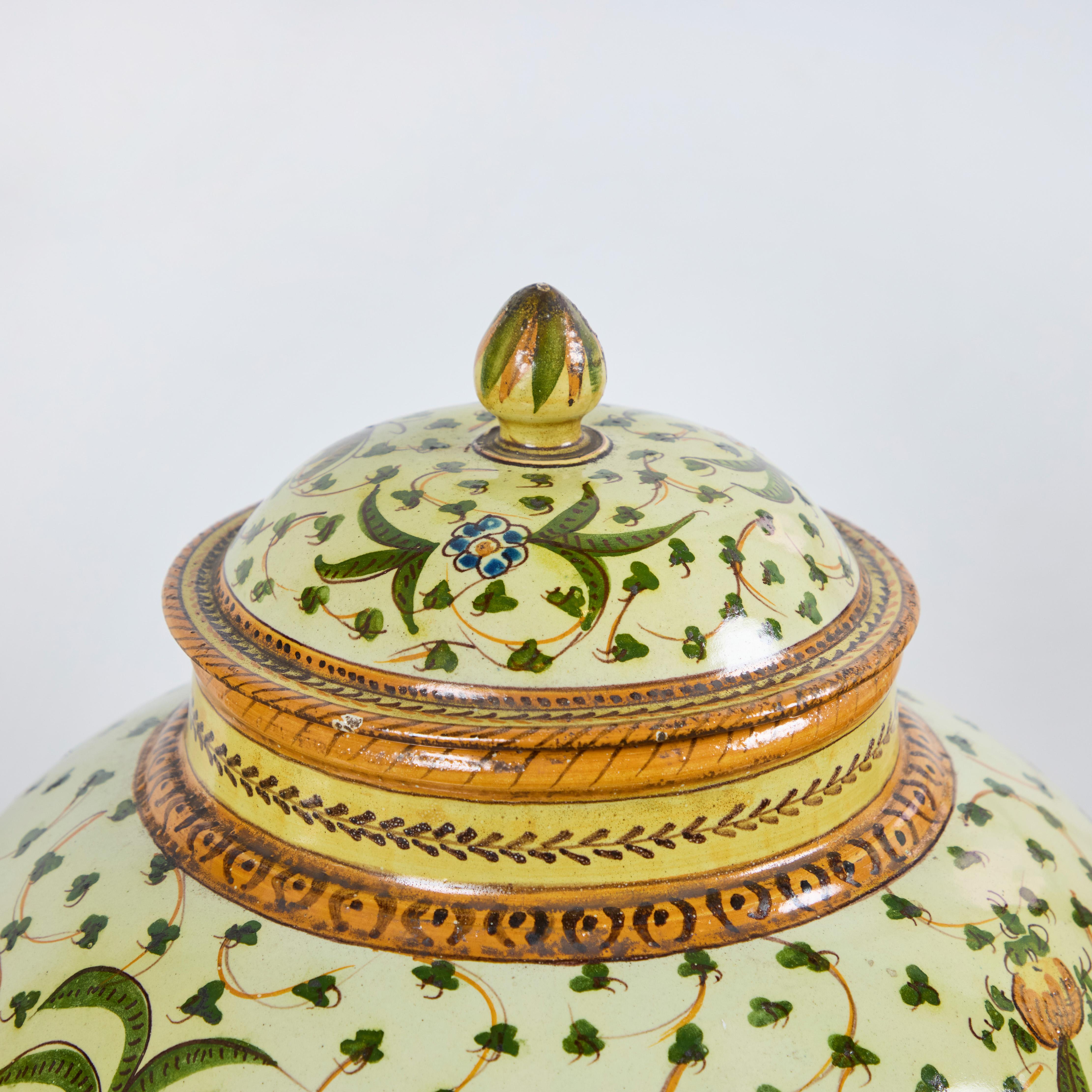 Pair Majolica Pottery Covered Jars In Excellent Condition In Los Angeles, CA