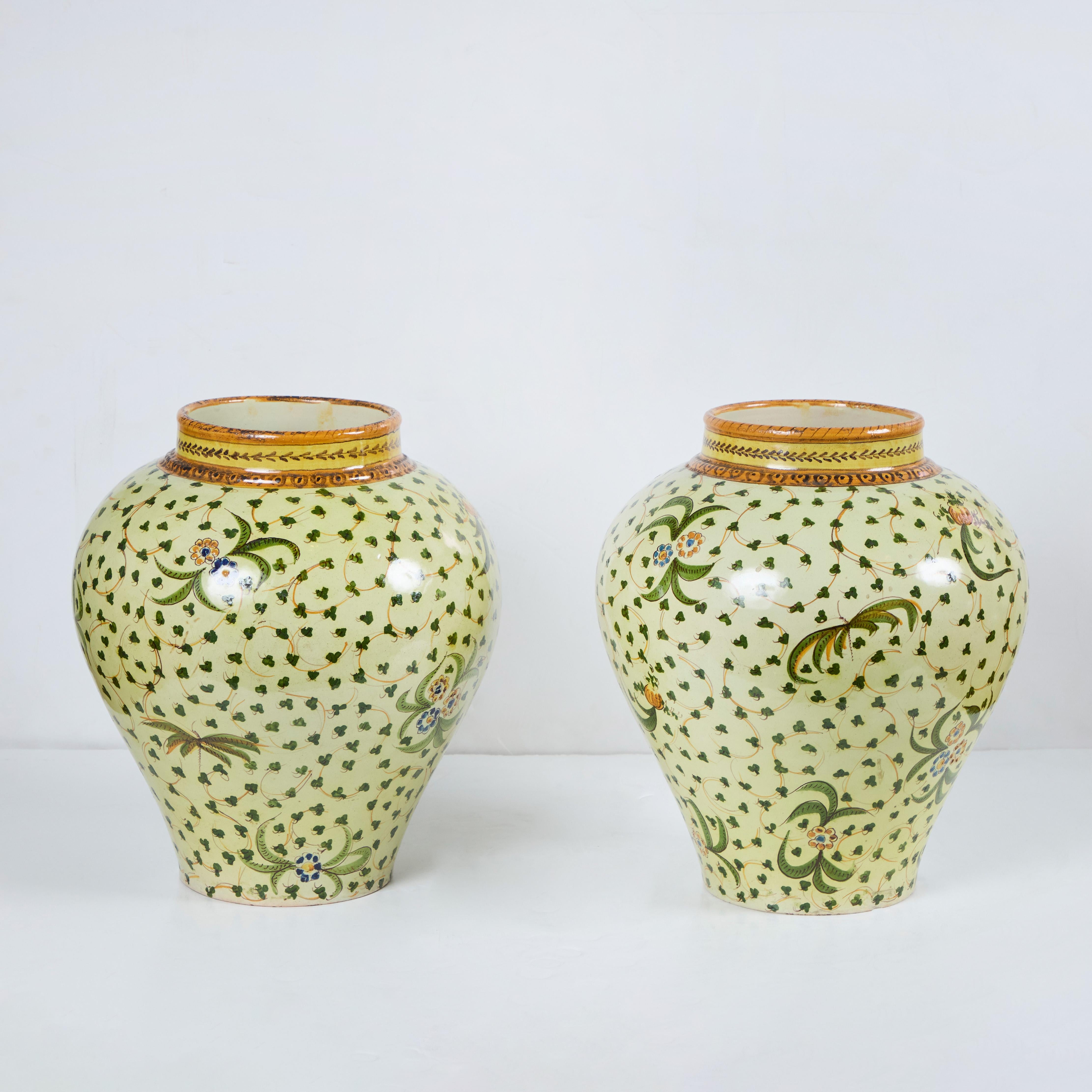 Faience Pair Majolica Pottery Covered Jars