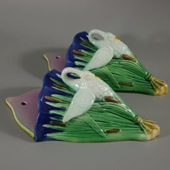 Pair Majolica Swan Wall Pockets