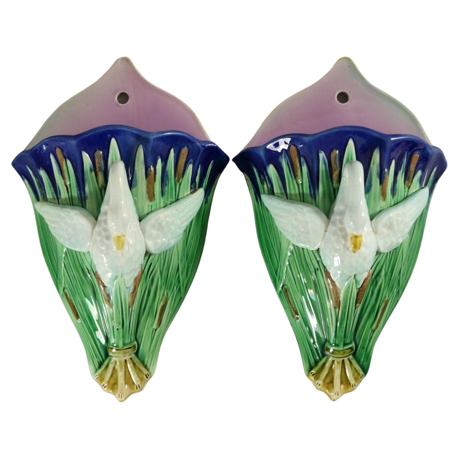 Pair Majolica Swan Wall Pockets For Sale
