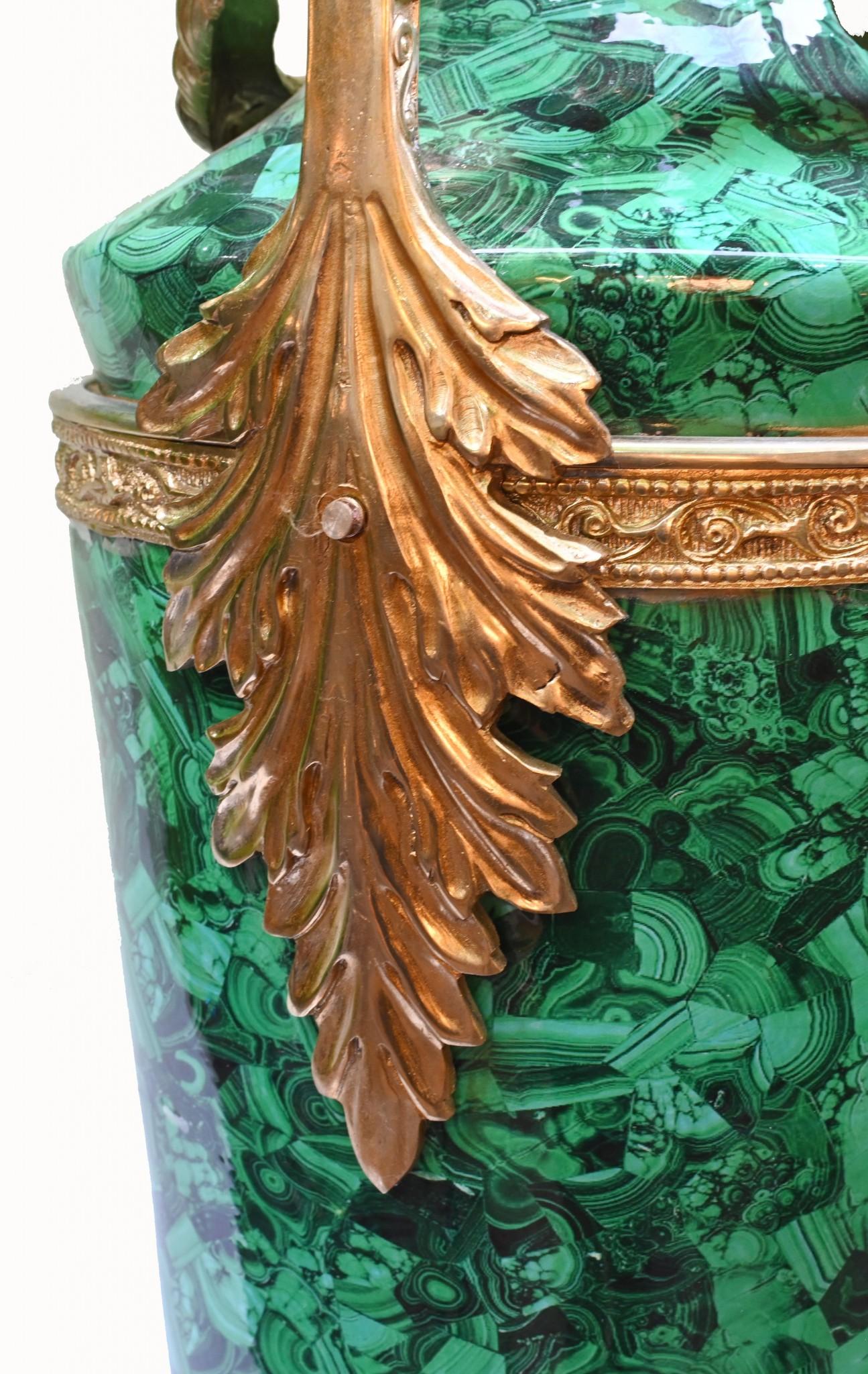 Pair Malachite Amphora Vases Large Urns French Porcelain Gilt For Sale 8