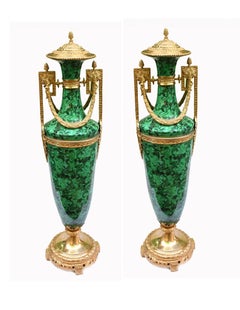 Pair Malachite Amphora Vases Large Urns French Porcelain Gilt