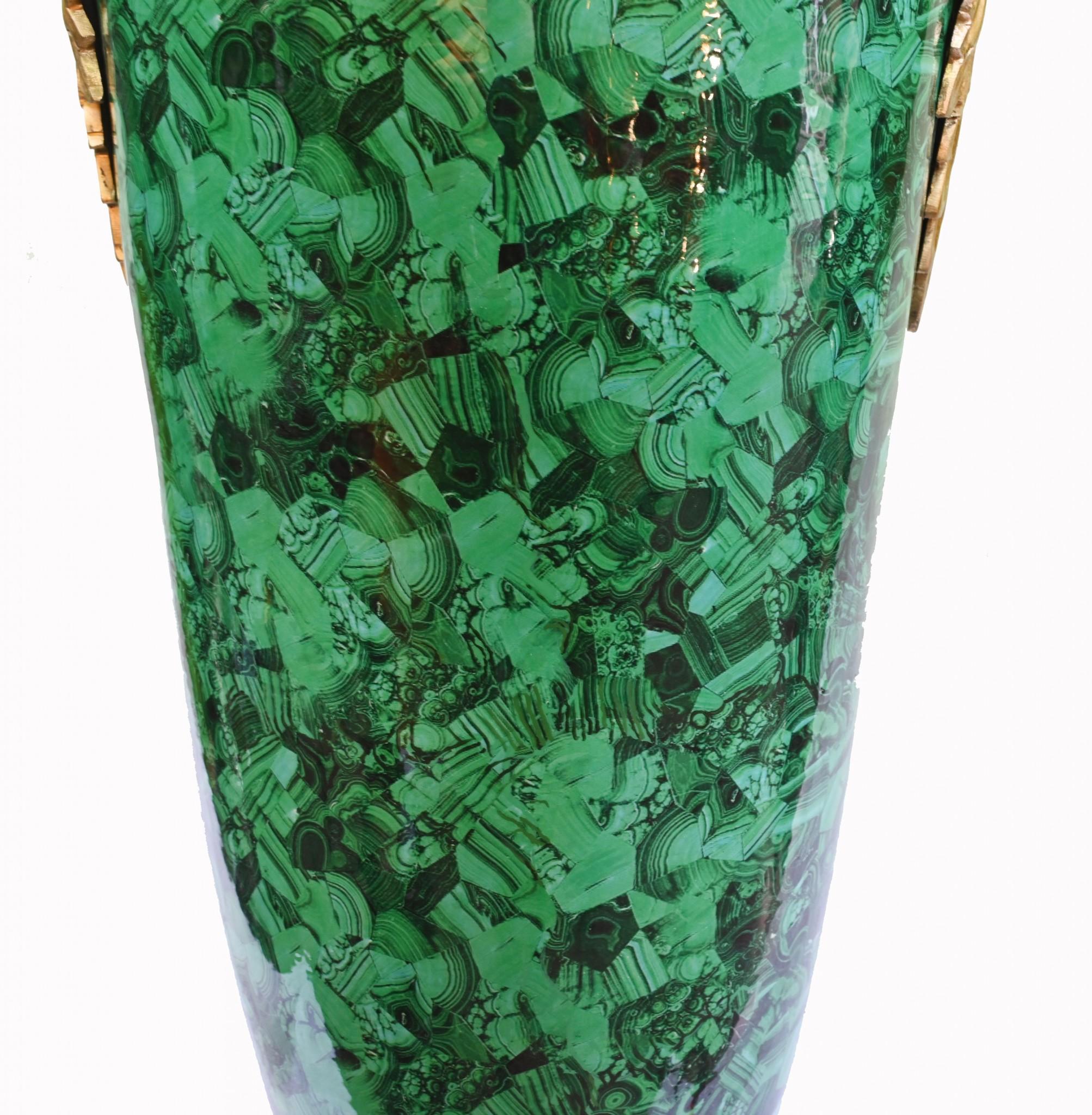 Late 20th Century Pair Malachite Amphora Vases Large Urns French Porcelain Gilt For Sale