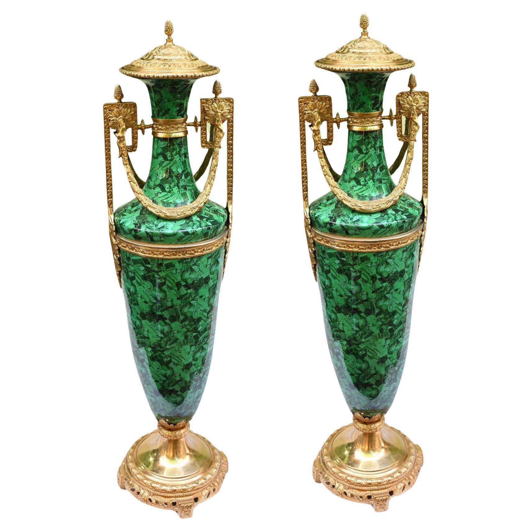 Pair Malachite Amphora Vases Large Urns French Porcelain Gilt For Sale