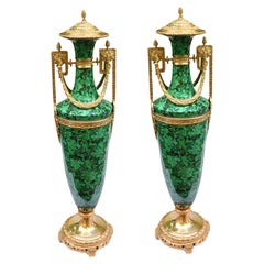 Used Pair Malachite Amphora Vases Large Urns French Porcelain Gilt