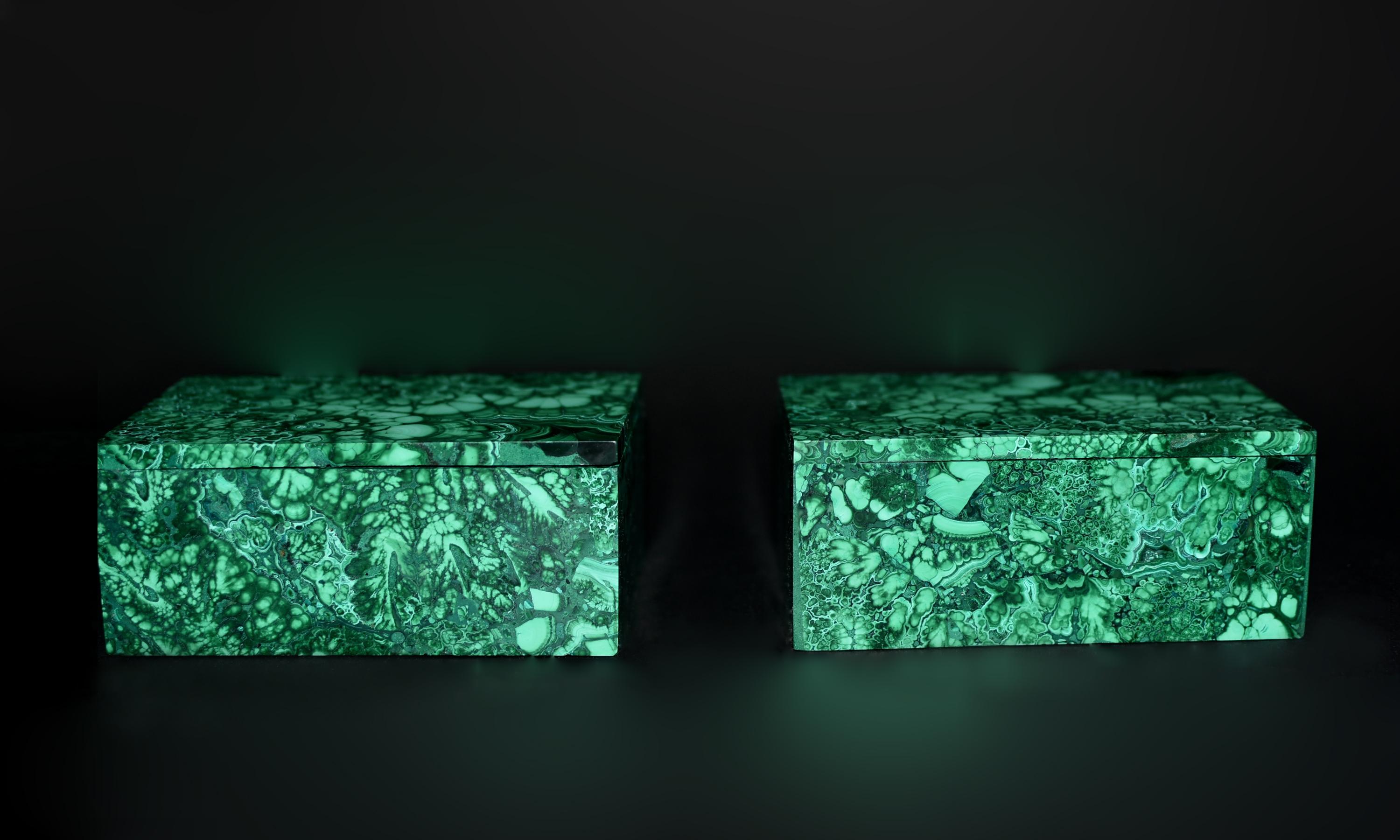 Pair of Fine Malachite Jewelry Boxes 5.25