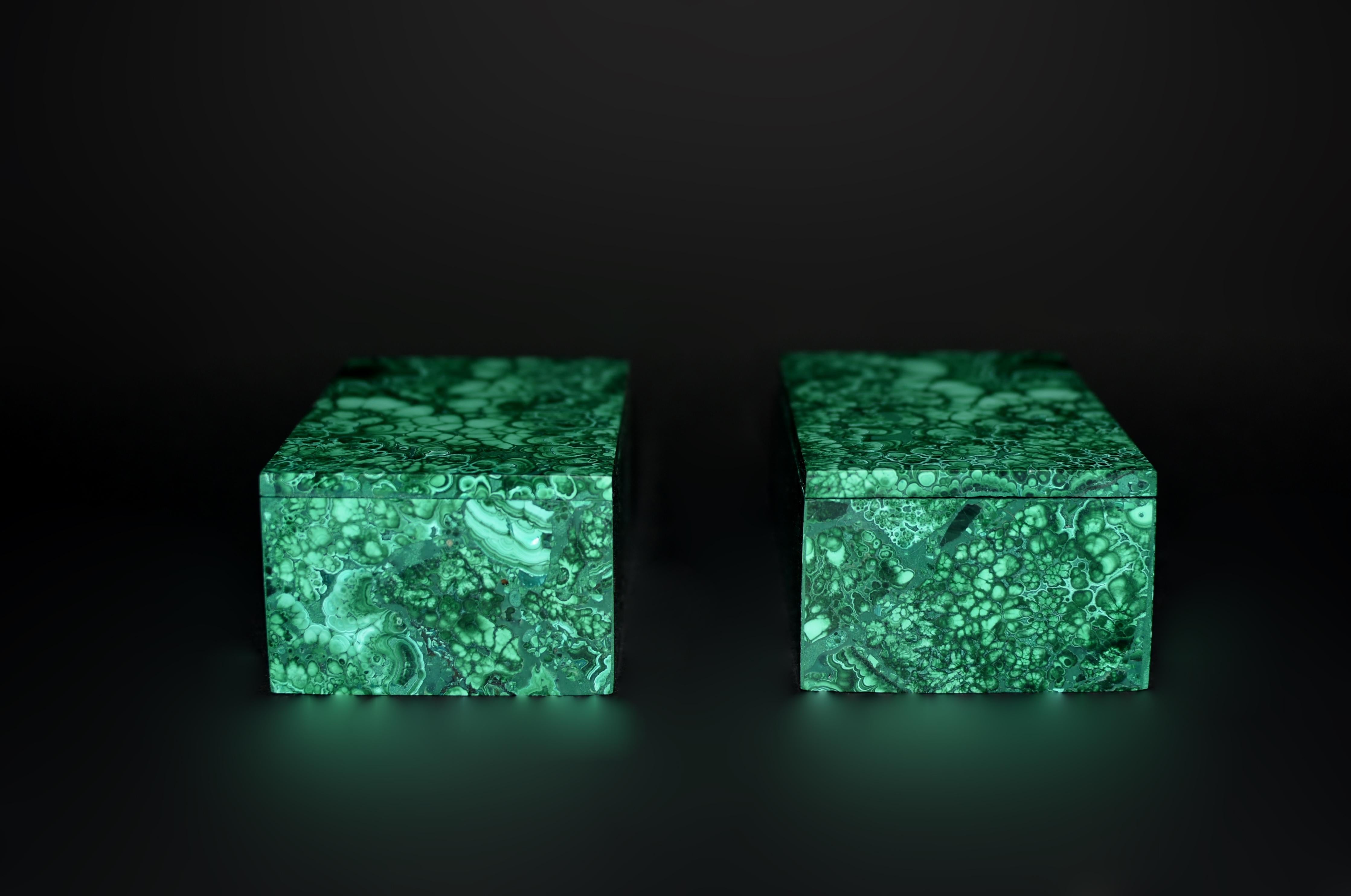 Contemporary Pair of Malachite Jewelry Boxes 3.5 lb For Sale