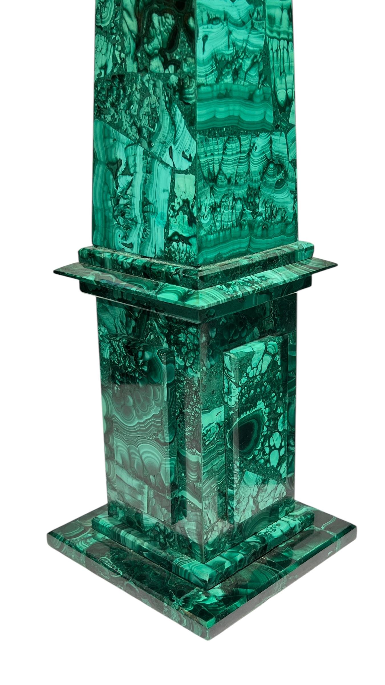 Pair Malachite Stone Obelisks In Good Condition For Sale In New York, NY