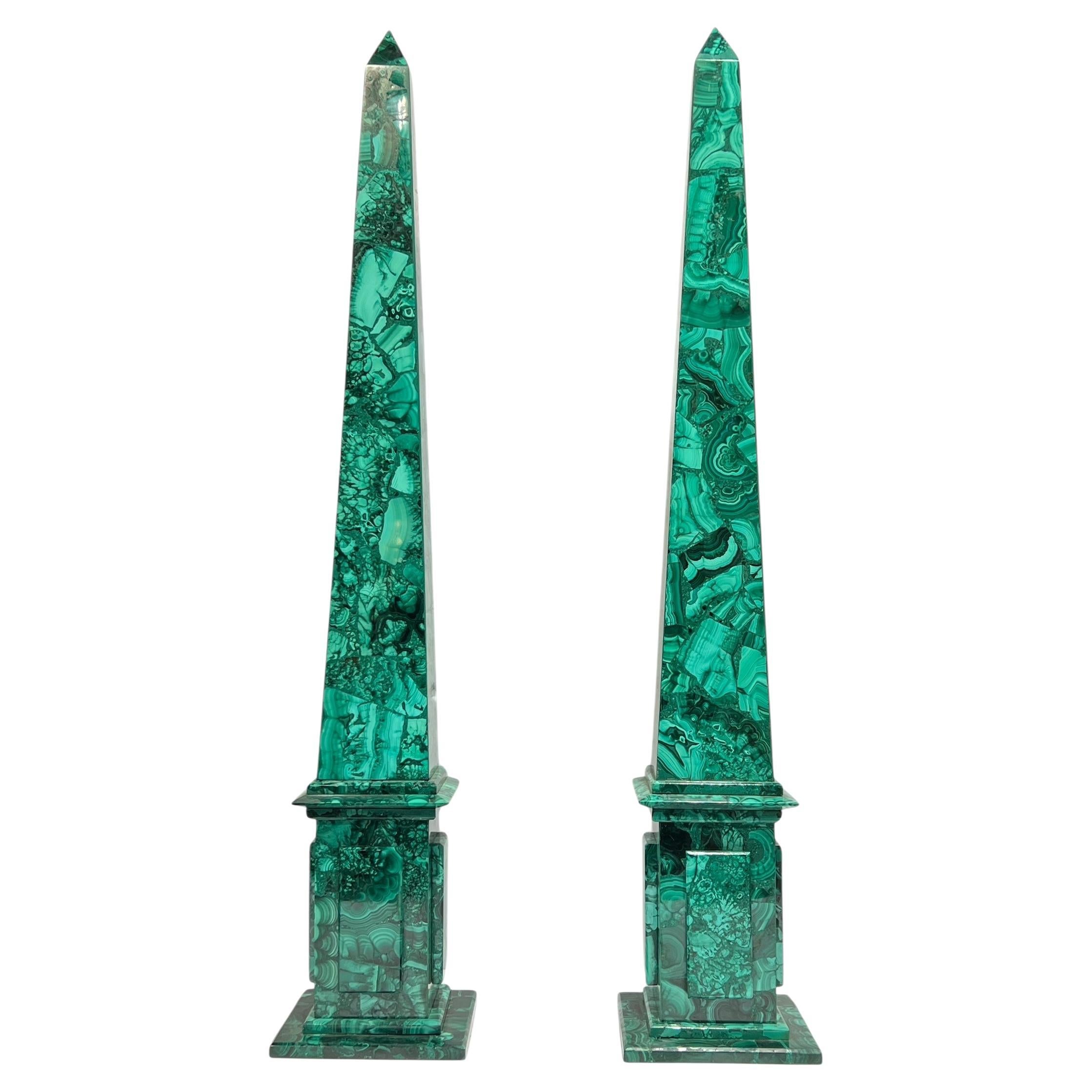 Pair Malachite Stone Obelisks