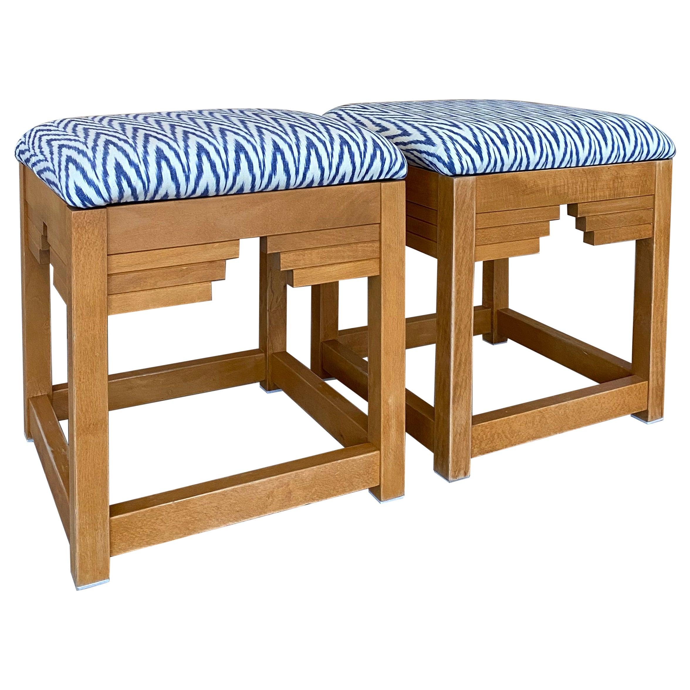 Pair Maple Ottomans, Hand-Crafted Wood Ziggurat Design New Ikat Blue Upholstery For Sale