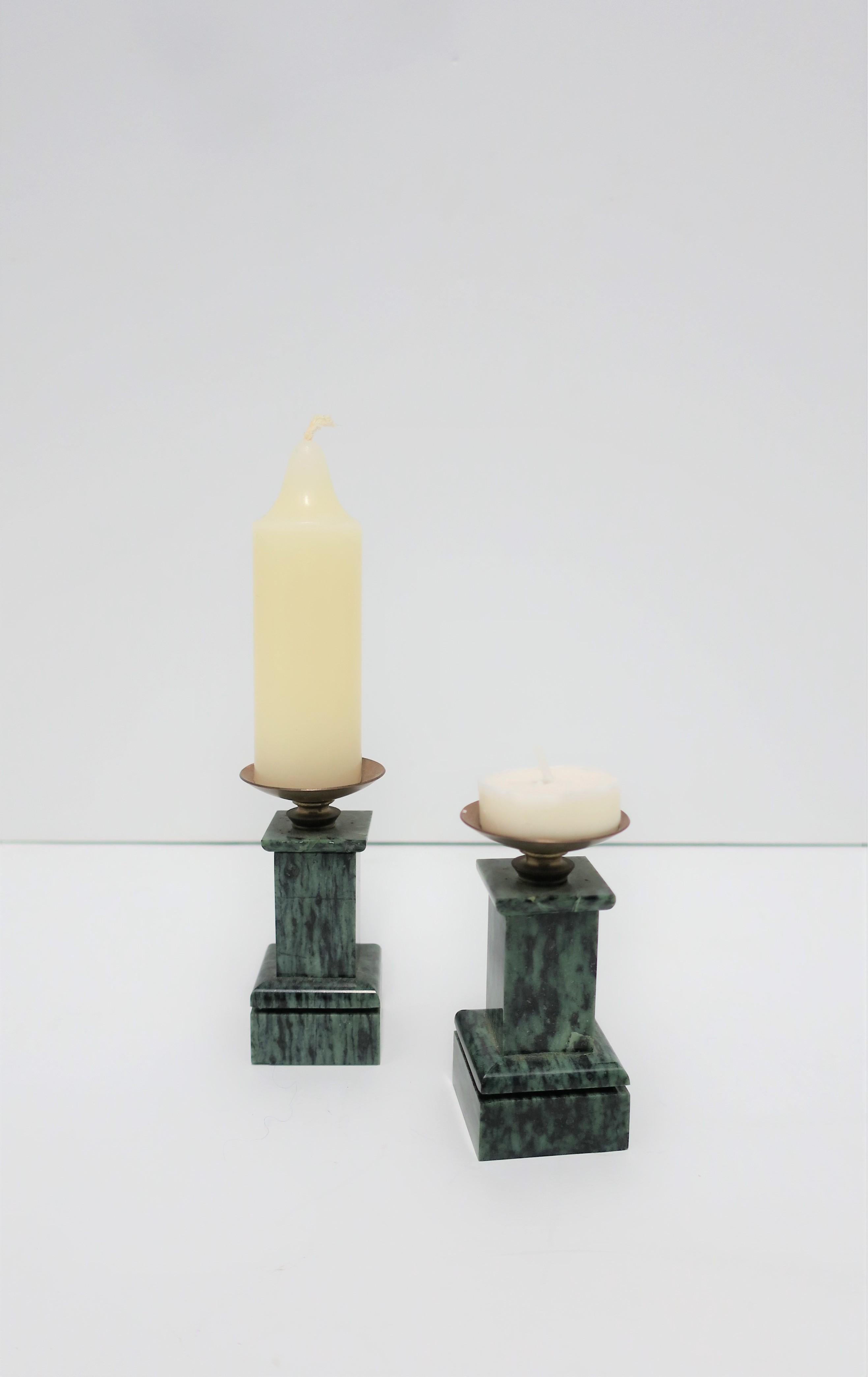 European Neoclassical Column Dark Green Marble and Brass Candlesticks Holders, Pair For Sale